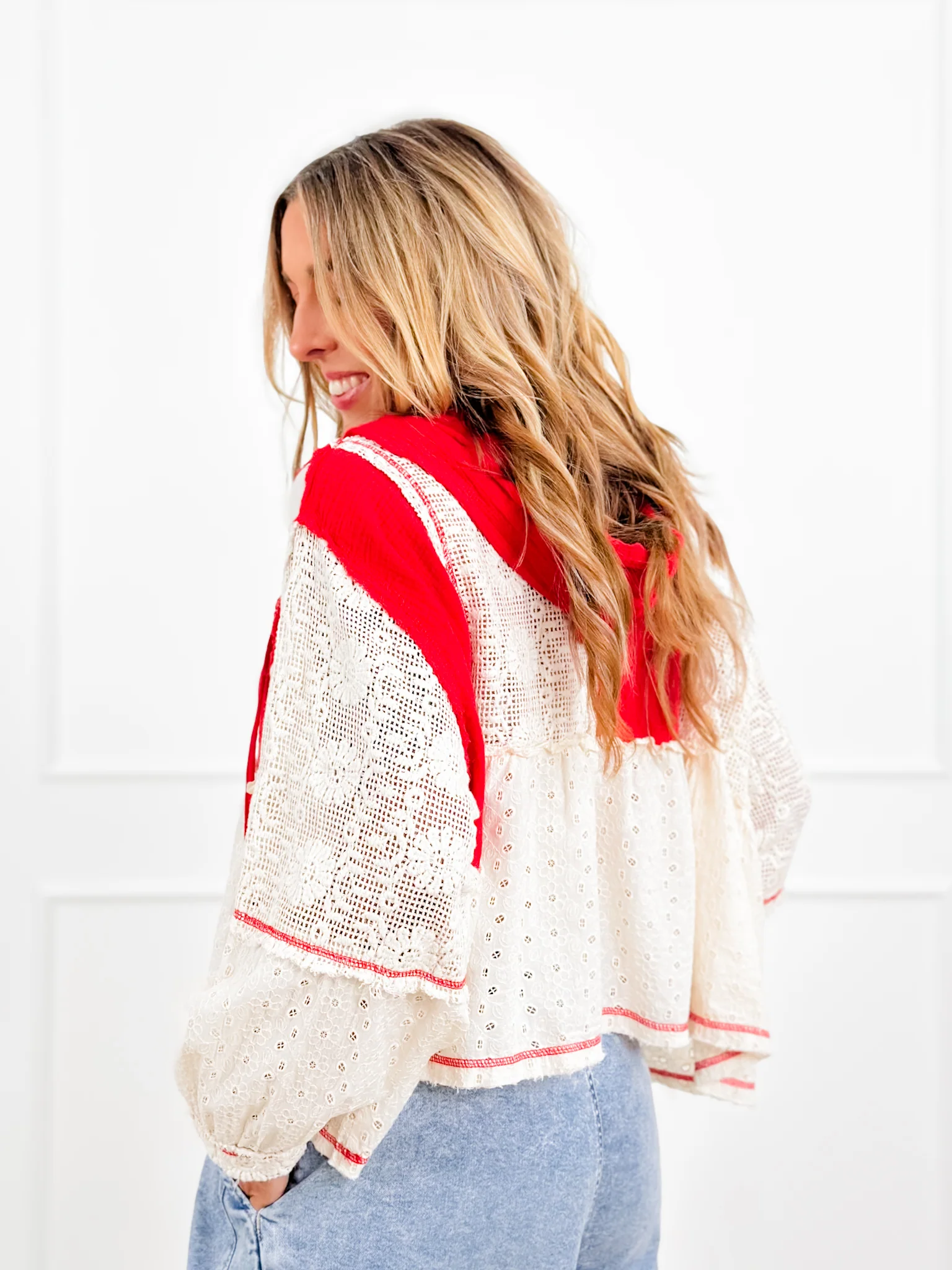 POL Crochet Long Sleeve V Neck Hoodie Top - Image 4