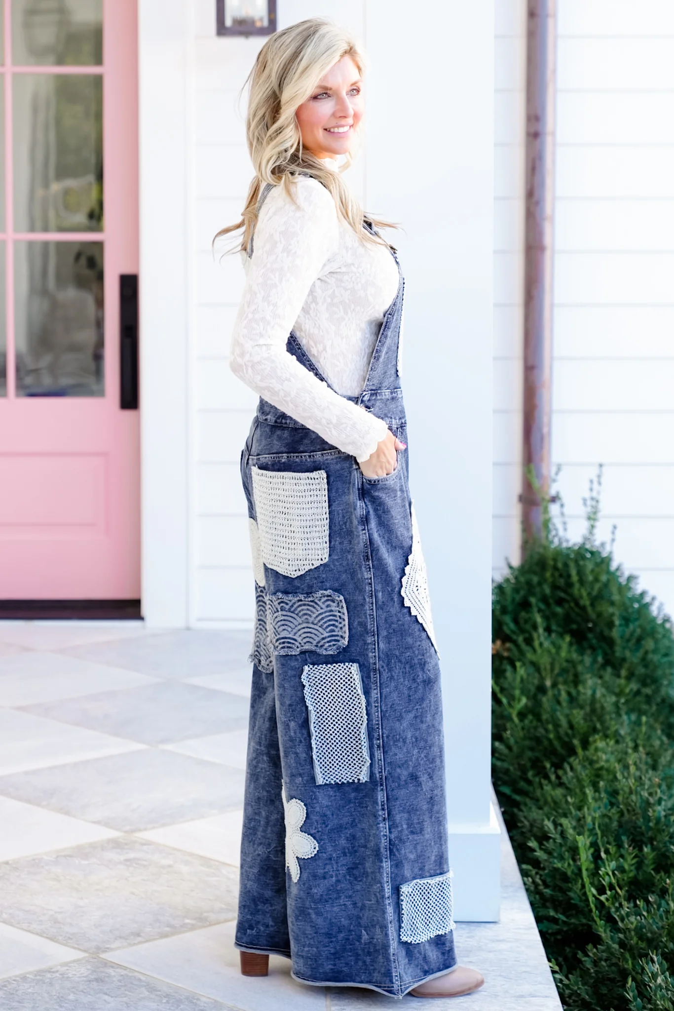 POL Dark Wash Wide Leg Overalls with Crochet Patches - Image 3