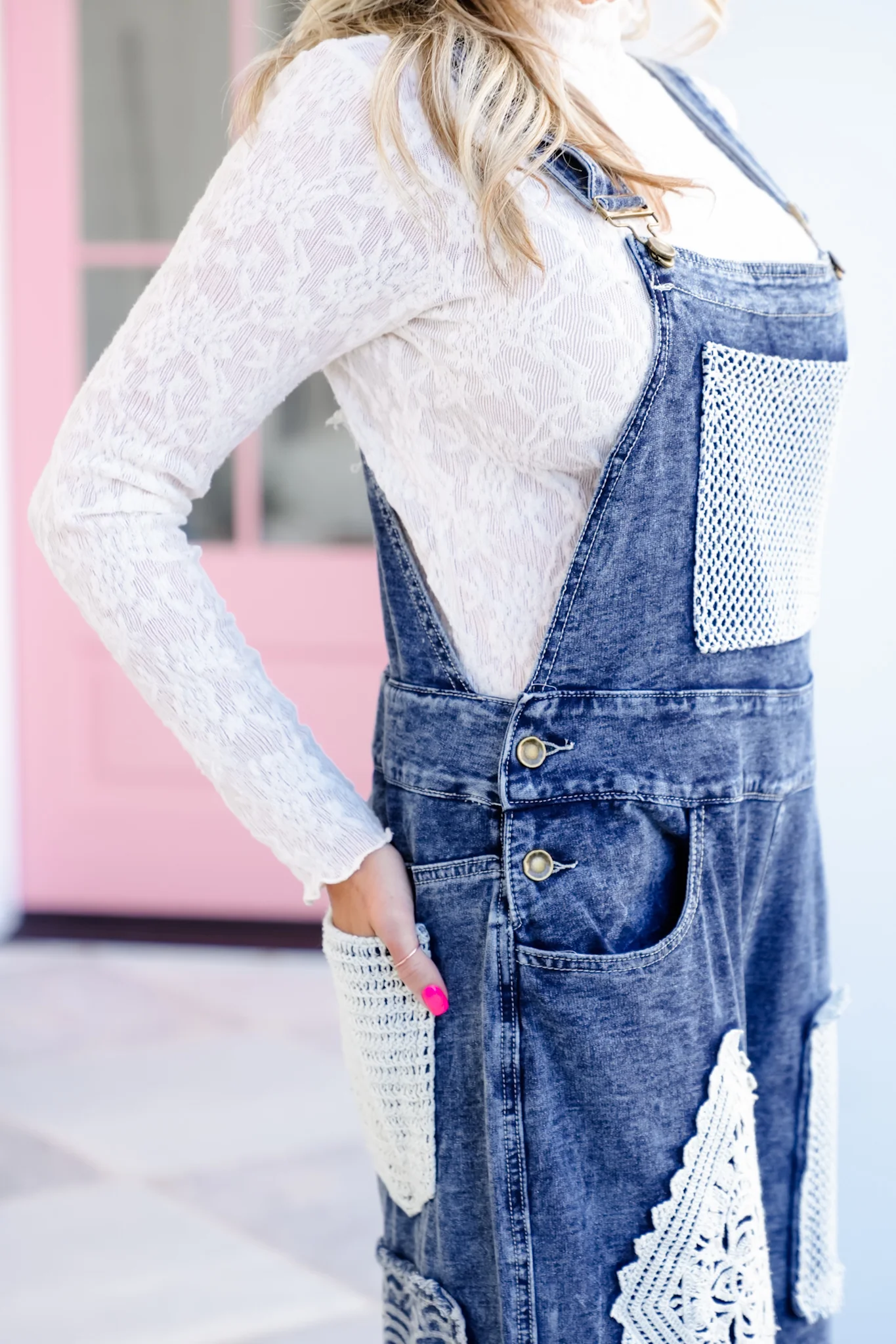 POL Dark Wash Wide Leg Overalls with Crochet Patches - Image 4