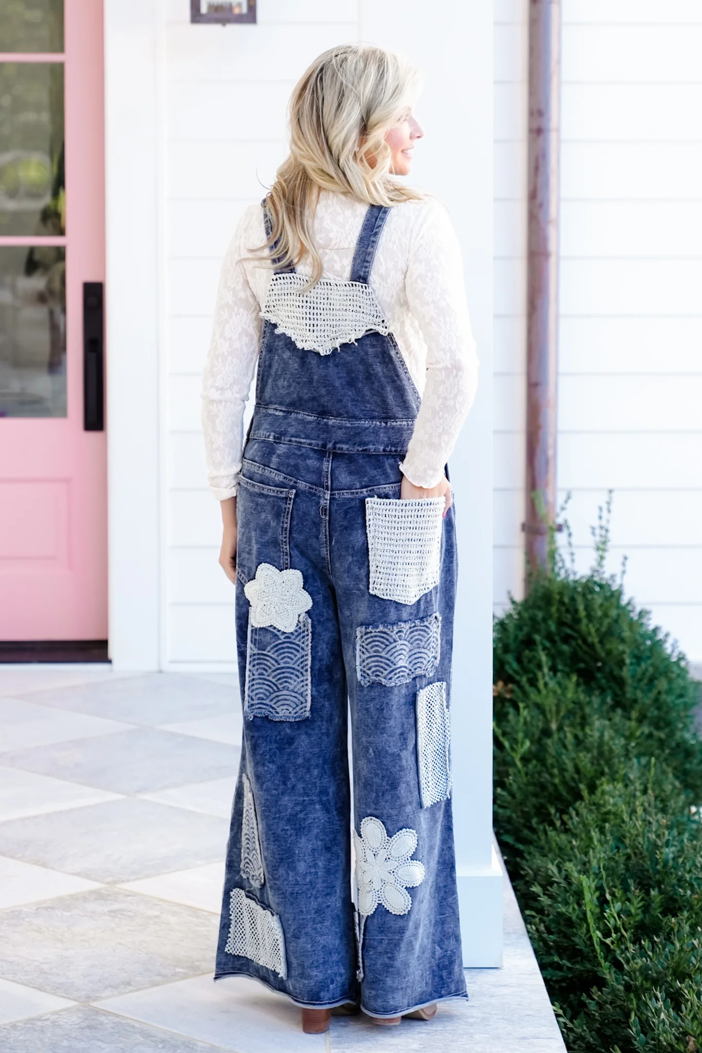 POL Dark Wash Wide Leg Overalls with Crochet Patches - Image 5