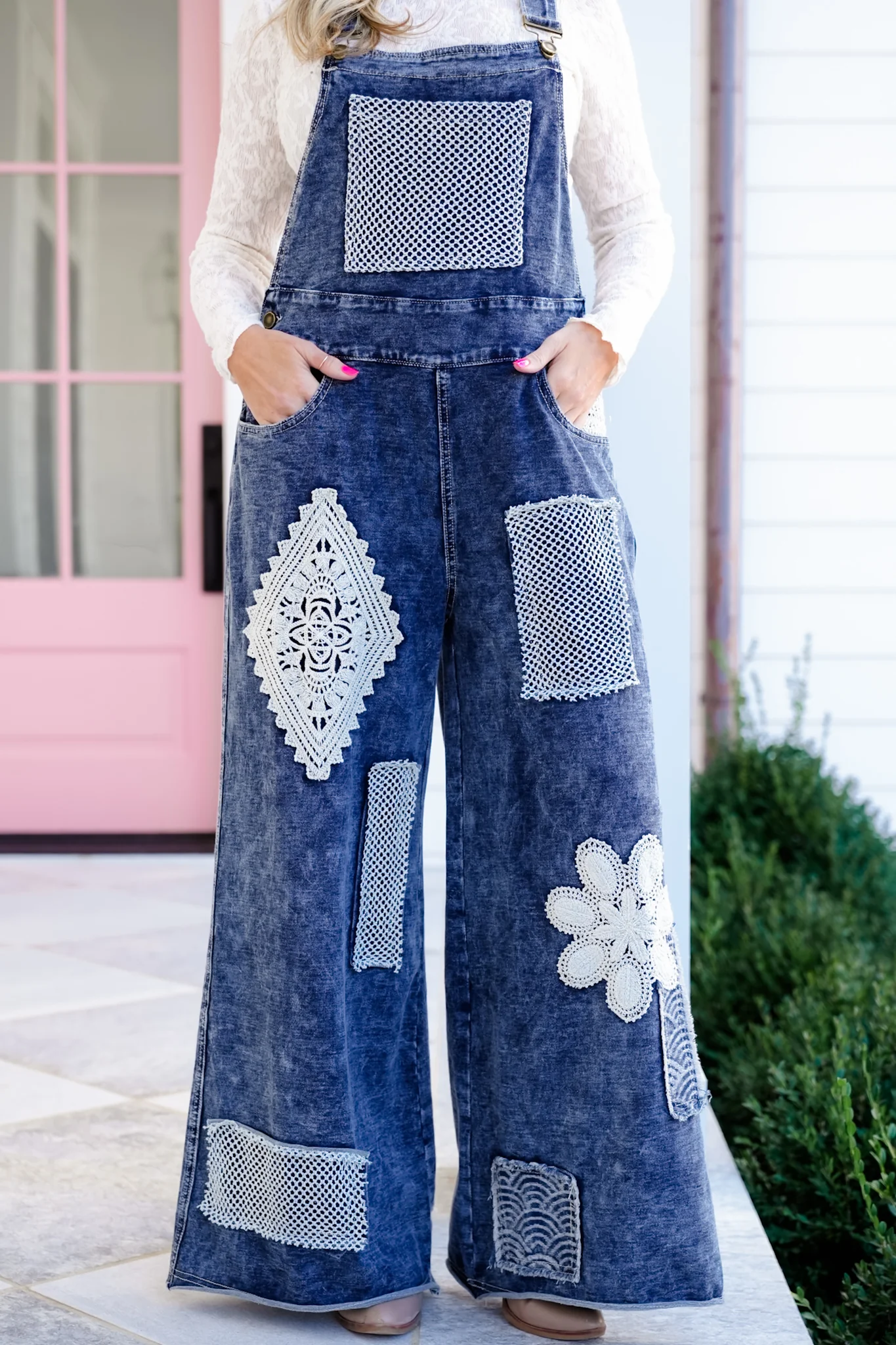POL Dark Wash Wide Leg Overalls with Crochet Patches - Image 6