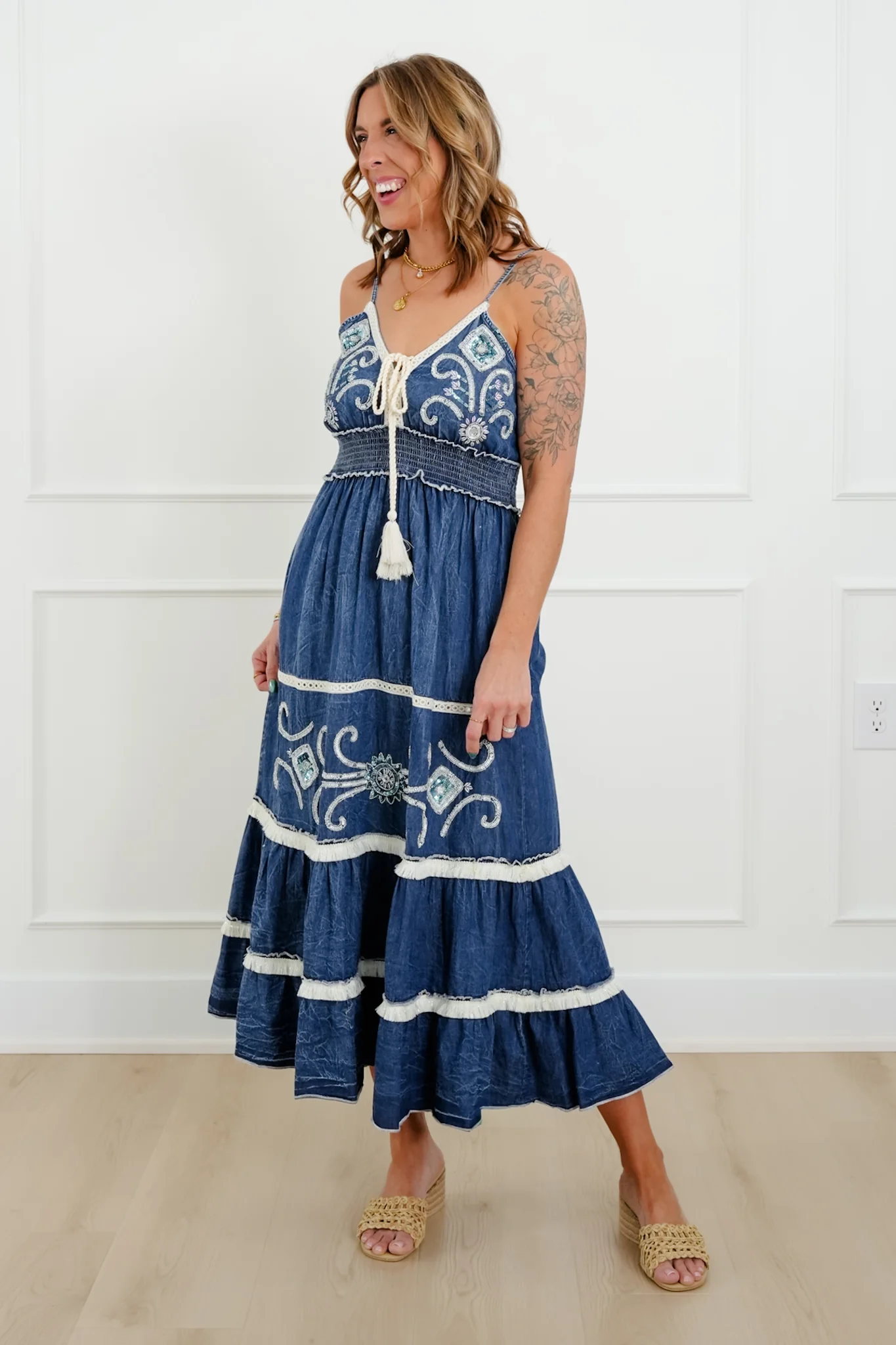 POL Embroidered Sequin Sleeveless V Neck Maxi Dress - Image 4