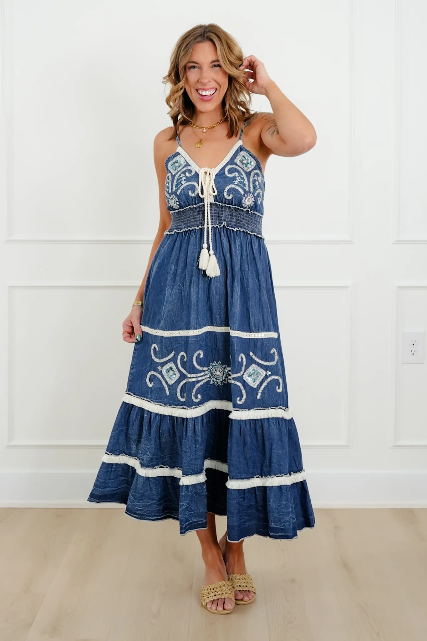 POL Embroidered Sequin Sleeveless V Neck Maxi Dress - Image 5