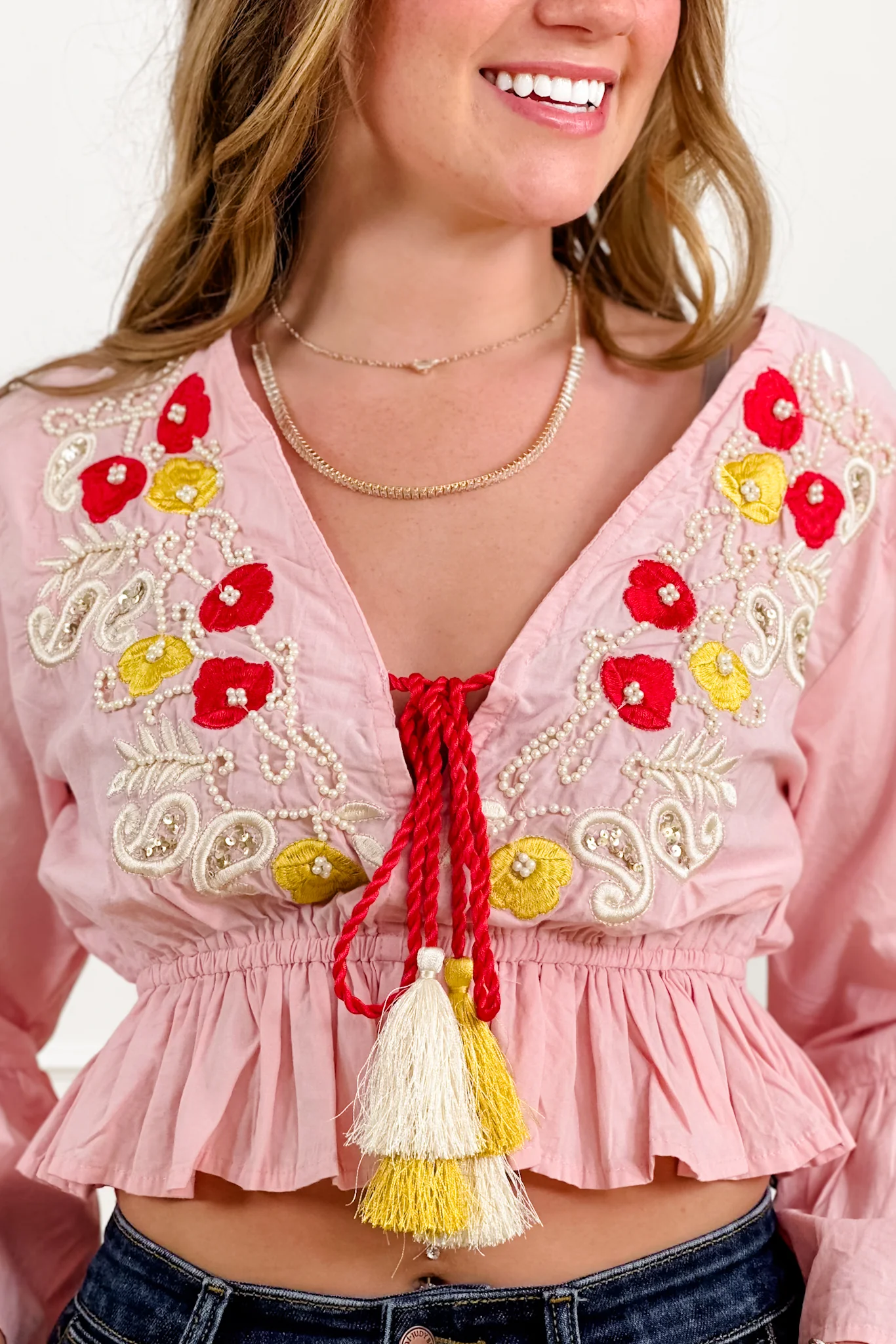 POL Embroidered V Neck Elastic Waist Top - Image 2