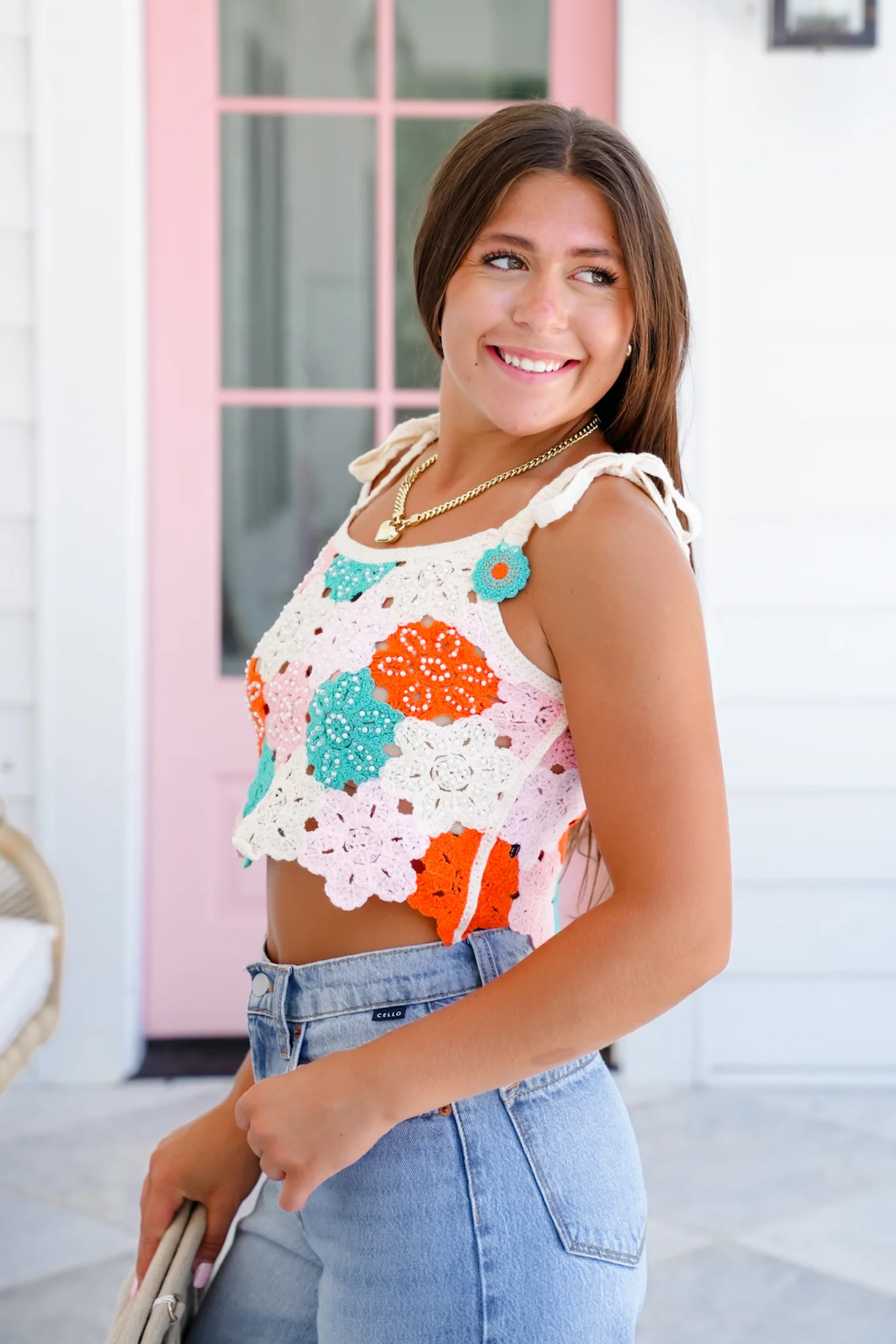 POL Floral Crochet Sleeveless Crop Sweater Top with Pearl Detail - Image 4