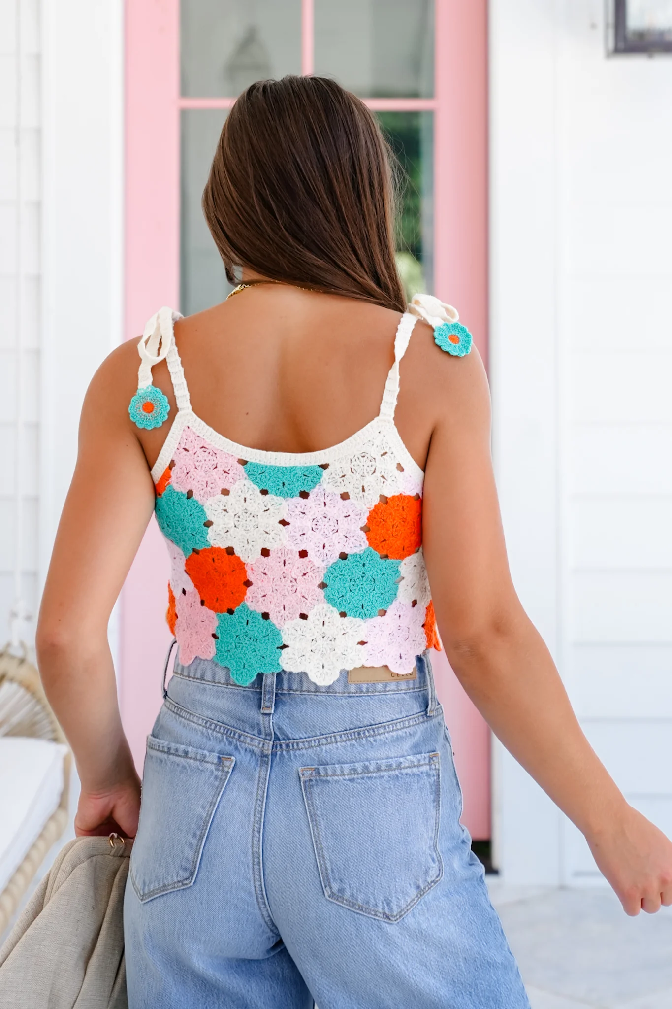 POL Floral Crochet Sleeveless Crop Sweater Top with Pearl Detail - Image 5
