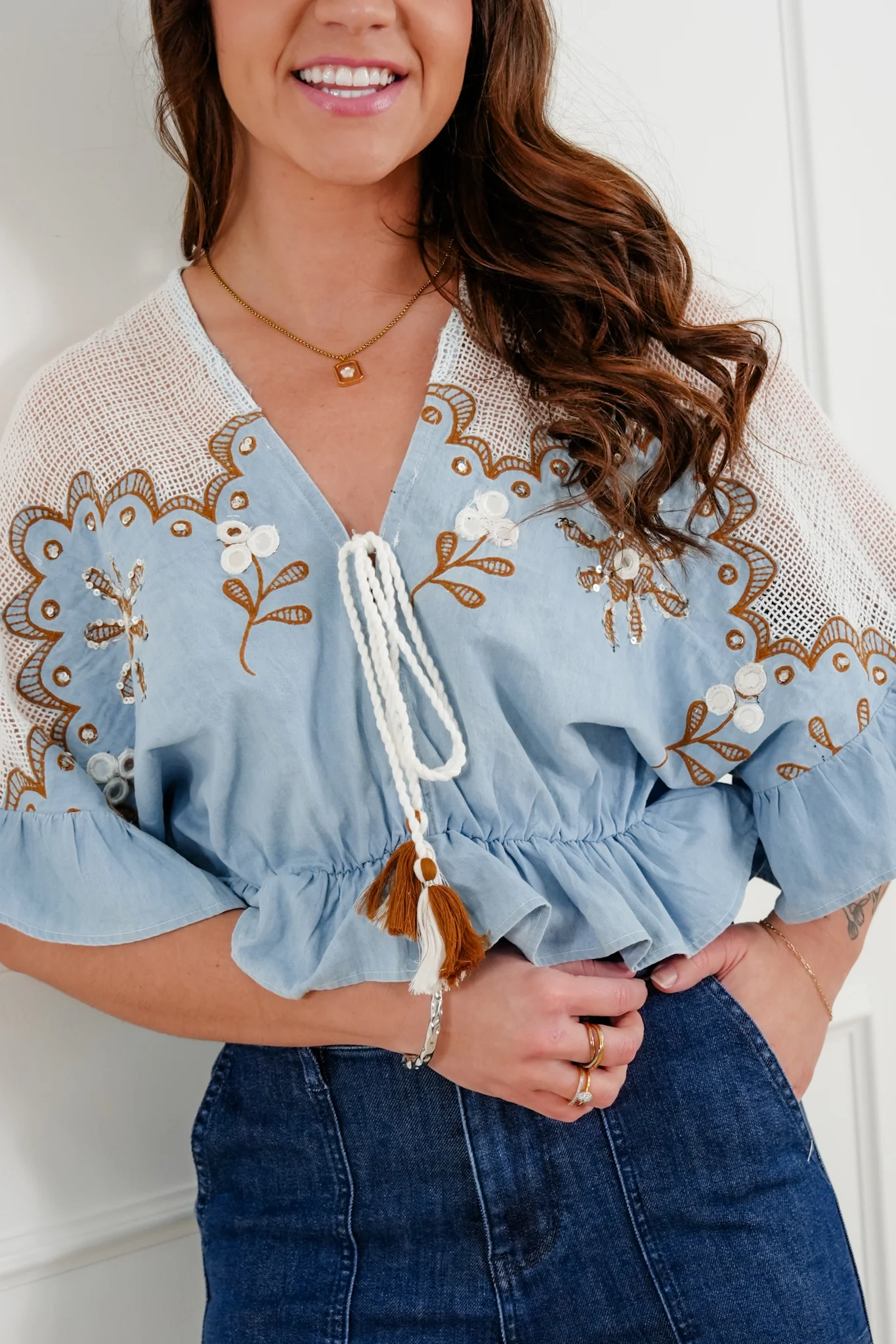 POL Floral Embroidered Short Sleeve Crop Top with Tassel Tie - Image 2