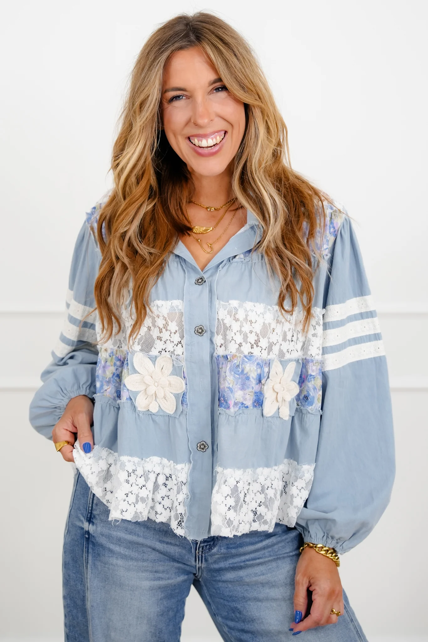 POL Floral Lace Long Sleeve Button Up Top - Image 3
