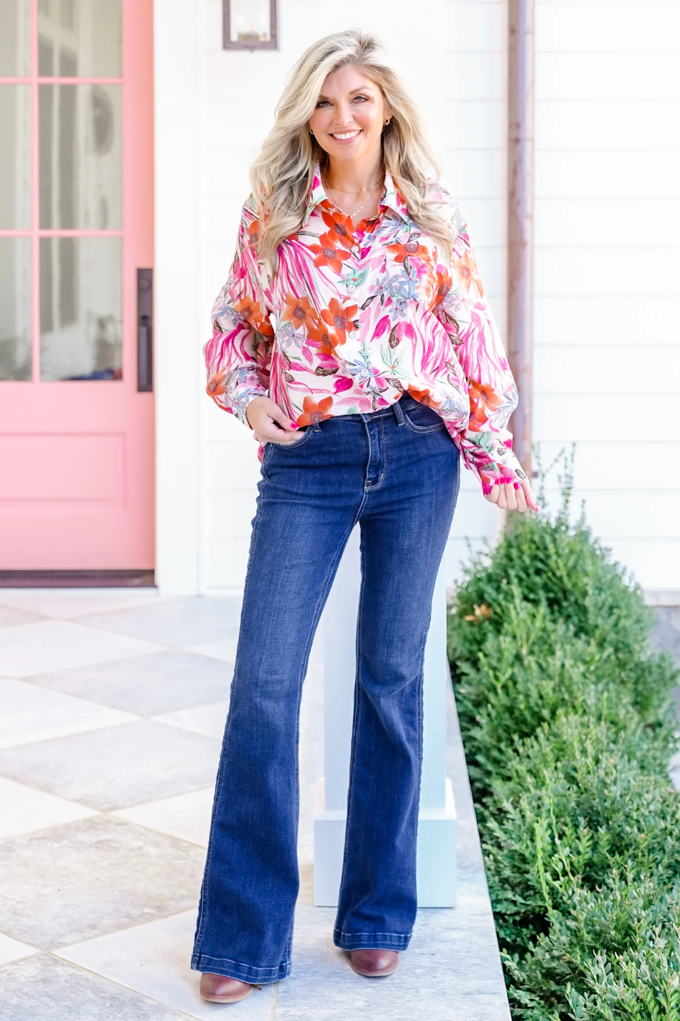 POL Floral Pattern Long Sleeve Button Down Top - Image 2
