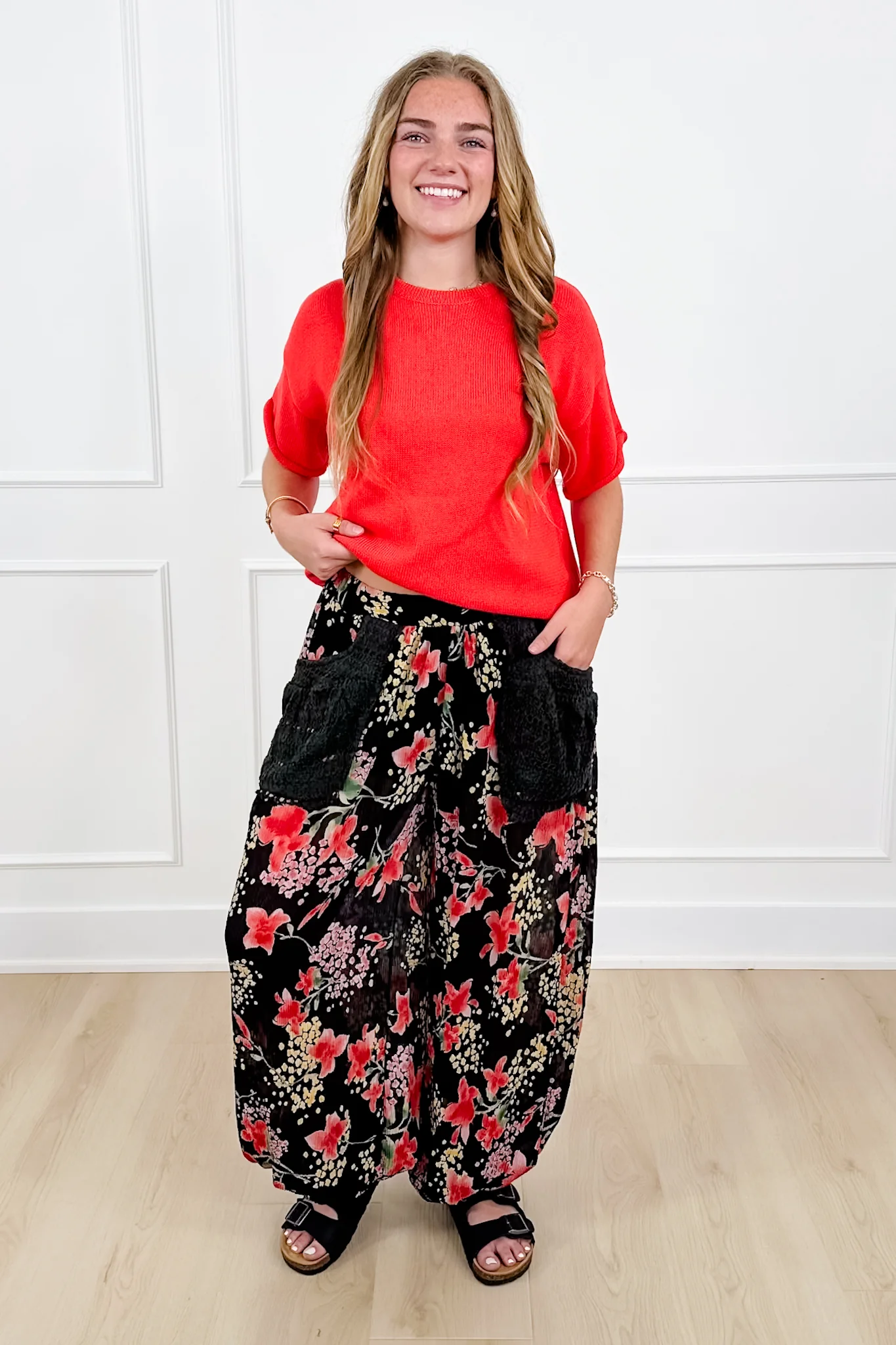 POL Floral Print Elastic Waist Crinkled Pants - Image 4