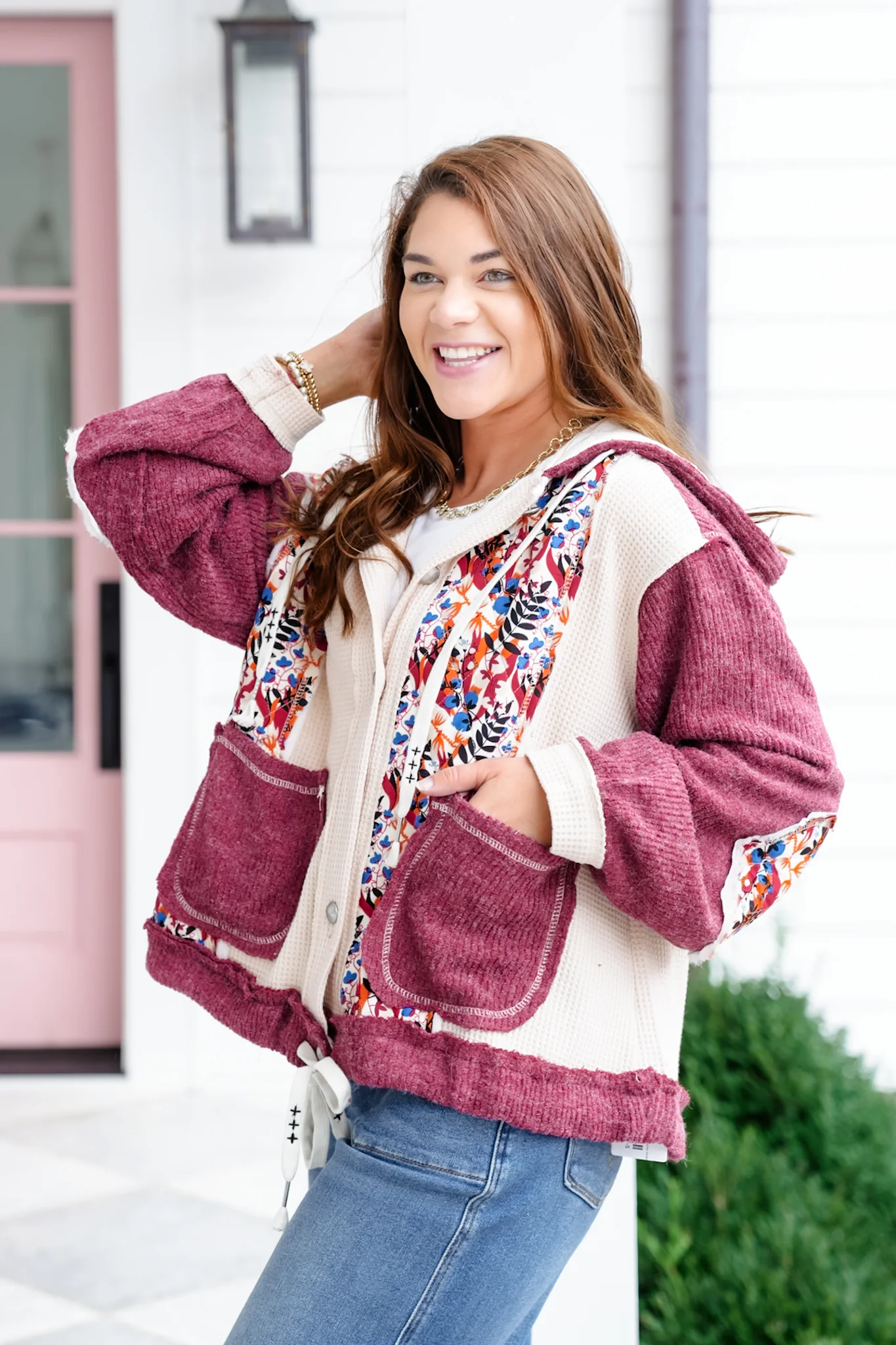 POL Floral Print Long Sleeve Button Up Hoodie Jacket - Image 3