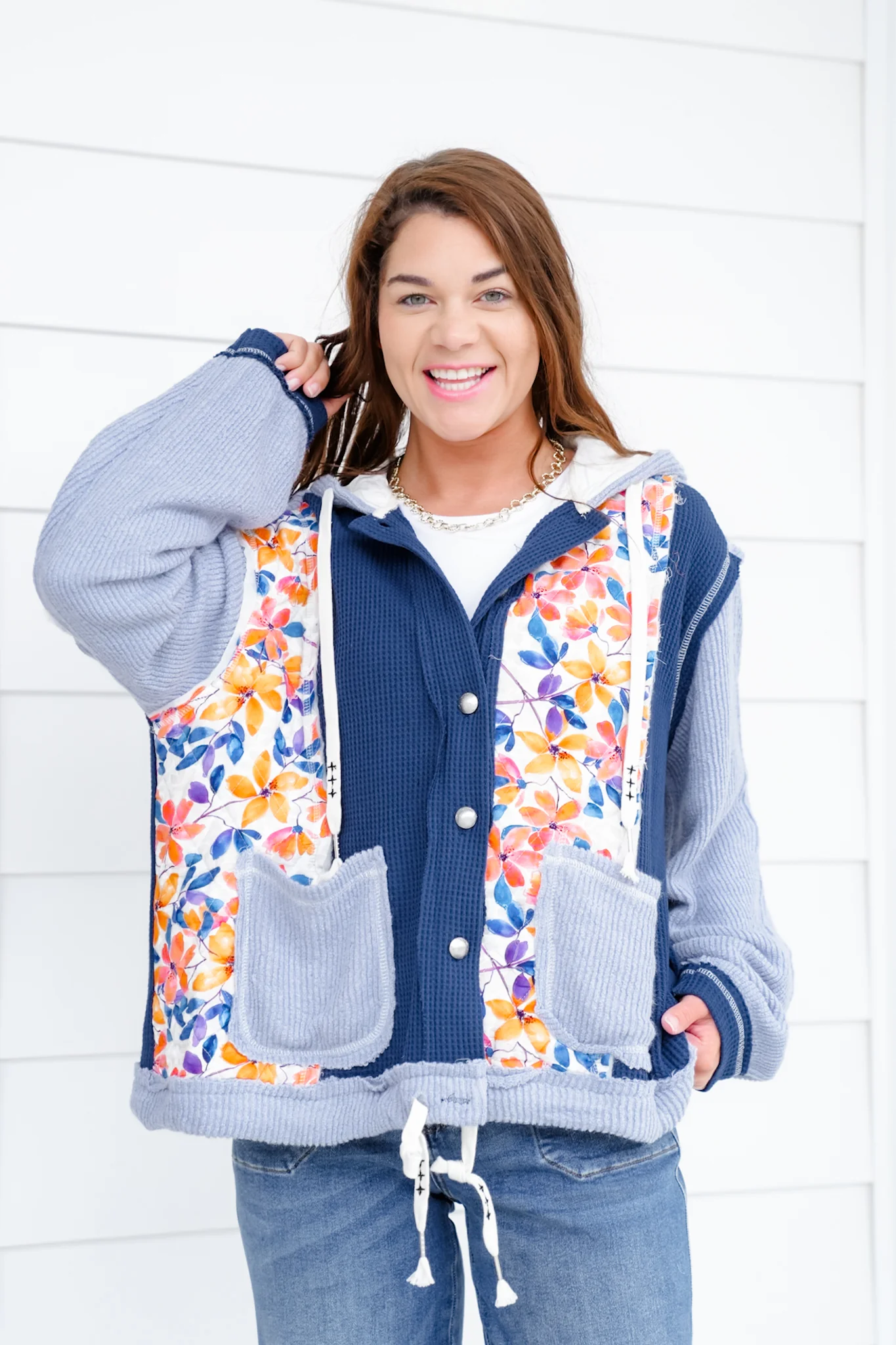 POL Floral Print Long Sleeve Button Up Hoodie Jacket - Image 4
