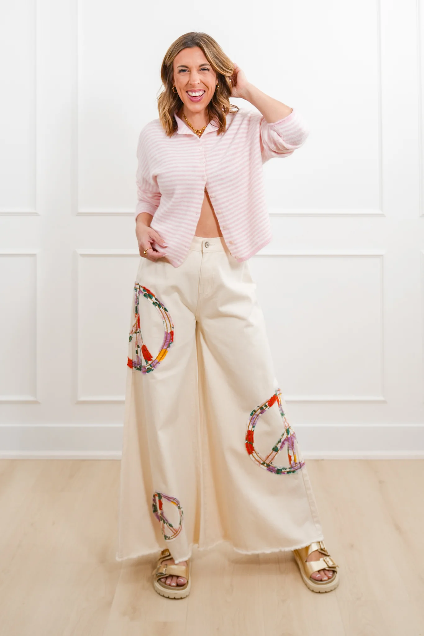 POL High Waisted Wide Leg Pants with Peace Sign Patch - Image 2