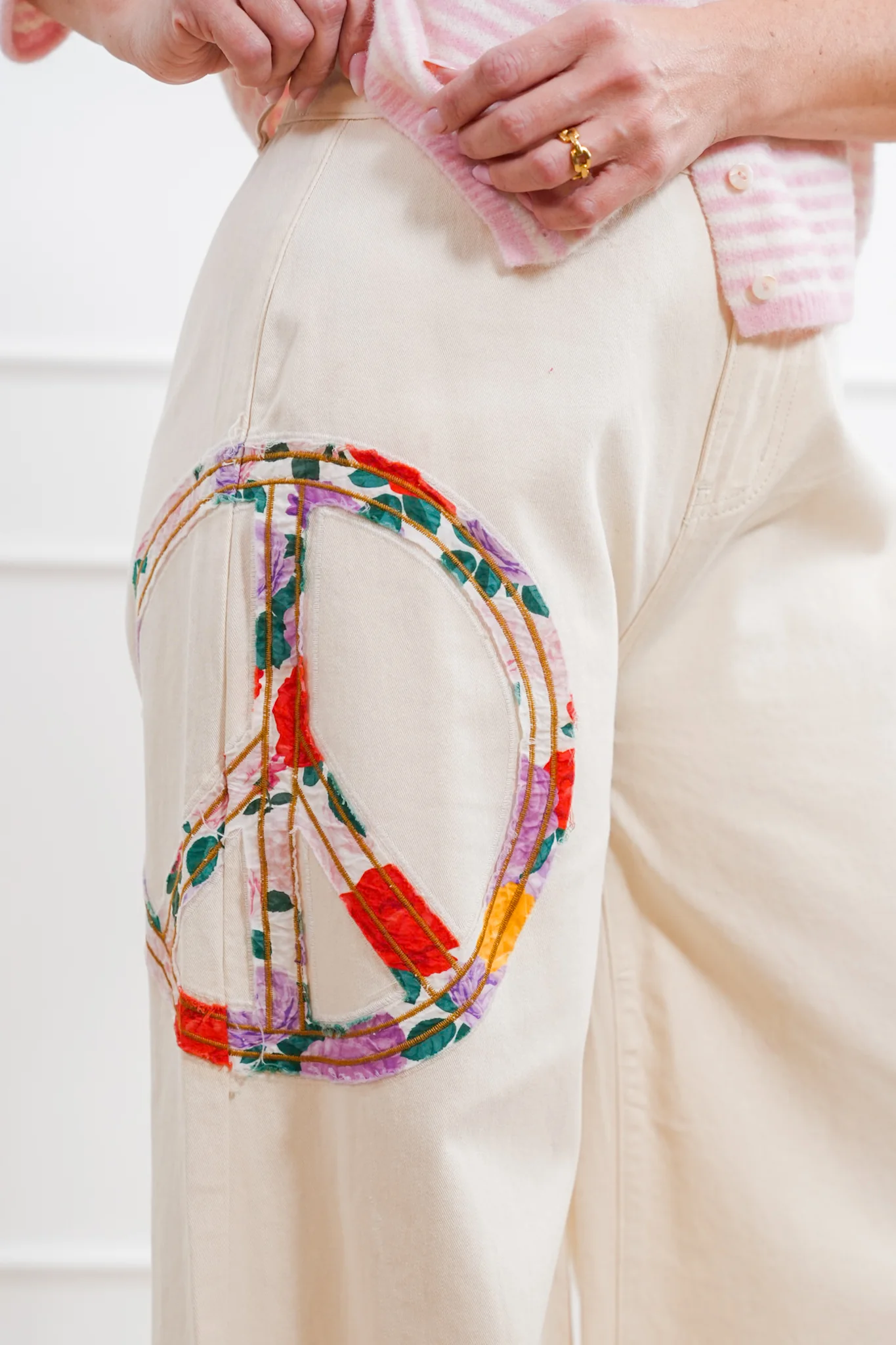POL High Waisted Wide Leg Pants with Peace Sign Patch - Image 3