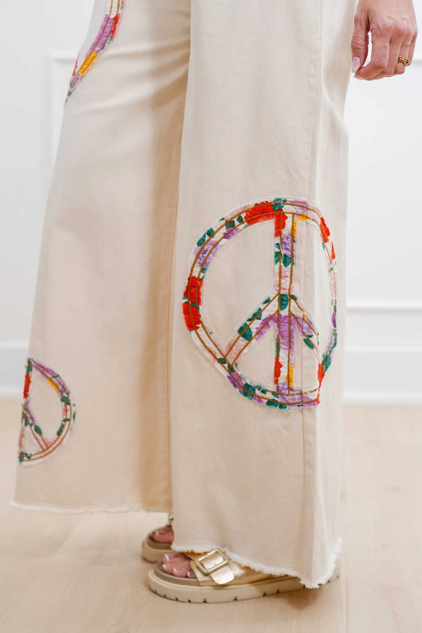 POL High Waisted Wide Leg Pants with Peace Sign Patch - Image 4
