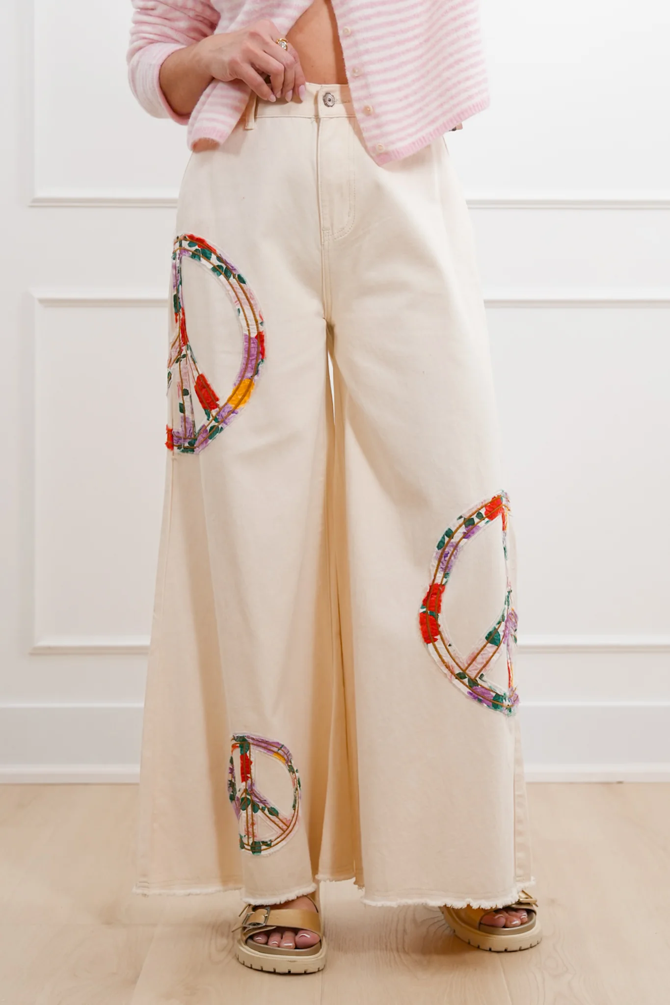 POL High Waisted Wide Leg Pants with Peace Sign Patch - Image 5