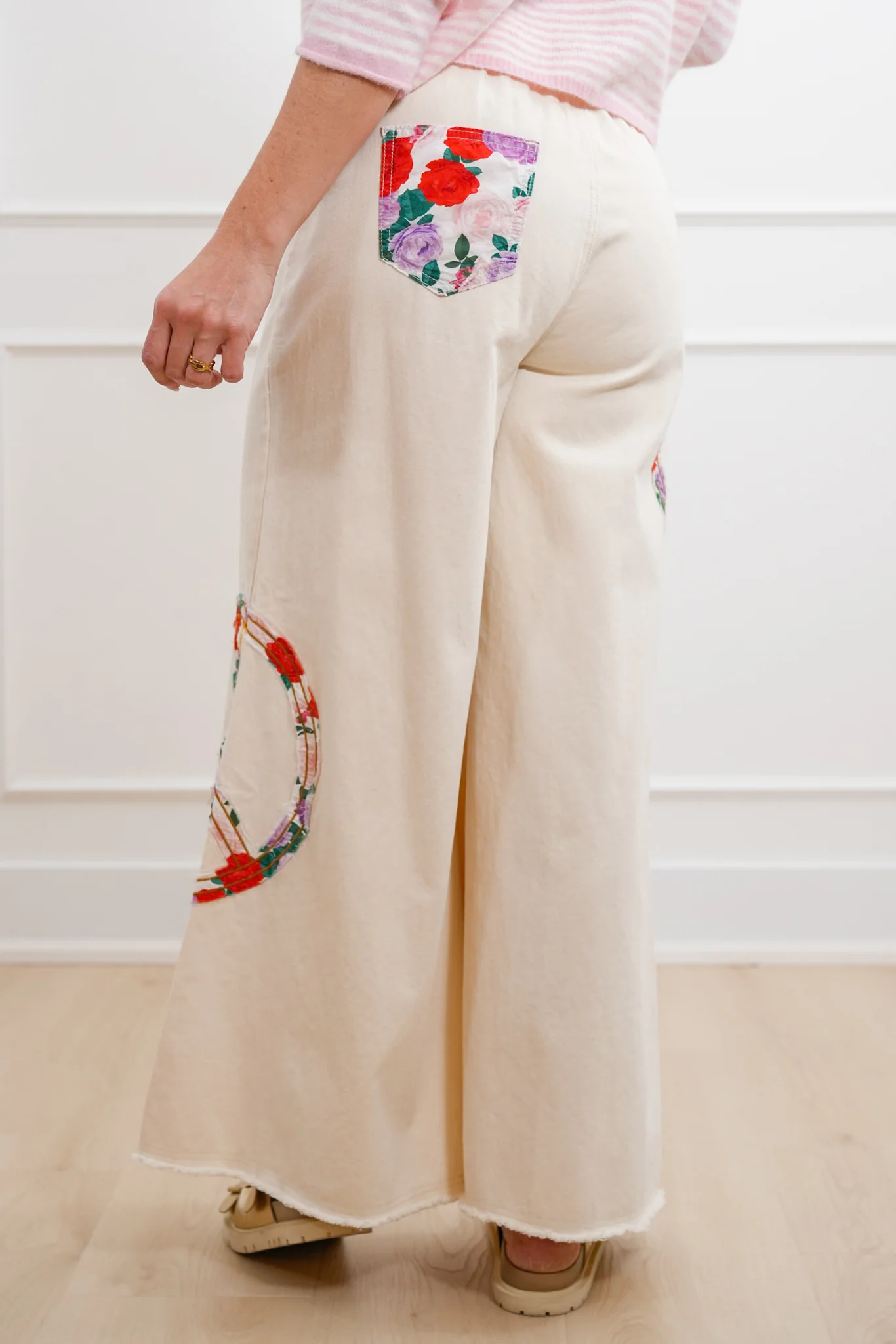POL High Waisted Wide Leg Pants with Peace Sign Patch - Image 6