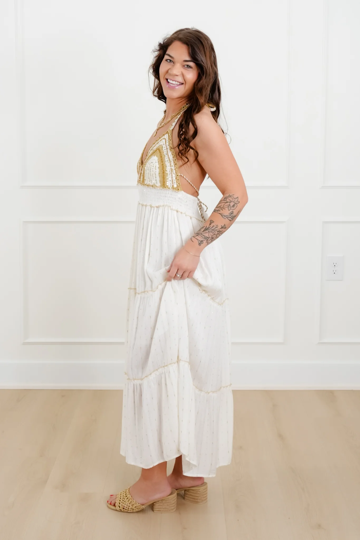 POL Ivory Sleeveless Tiered Maxi Dress with Gold Accents - Image 3
