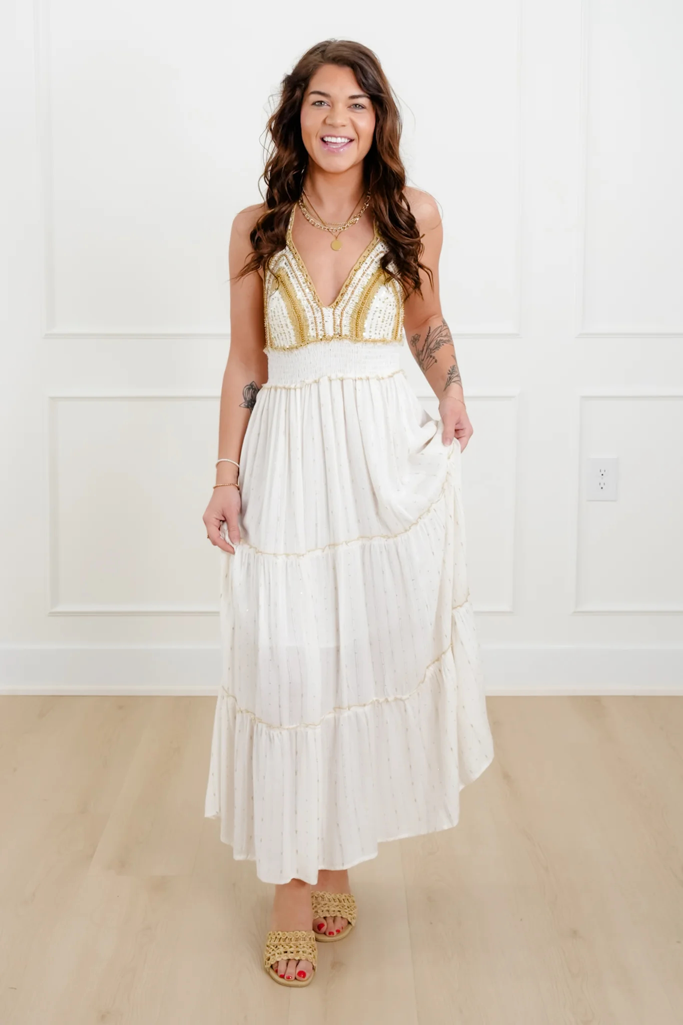 POL Ivory Sleeveless Tiered Maxi Dress with Gold Accents - Image 5