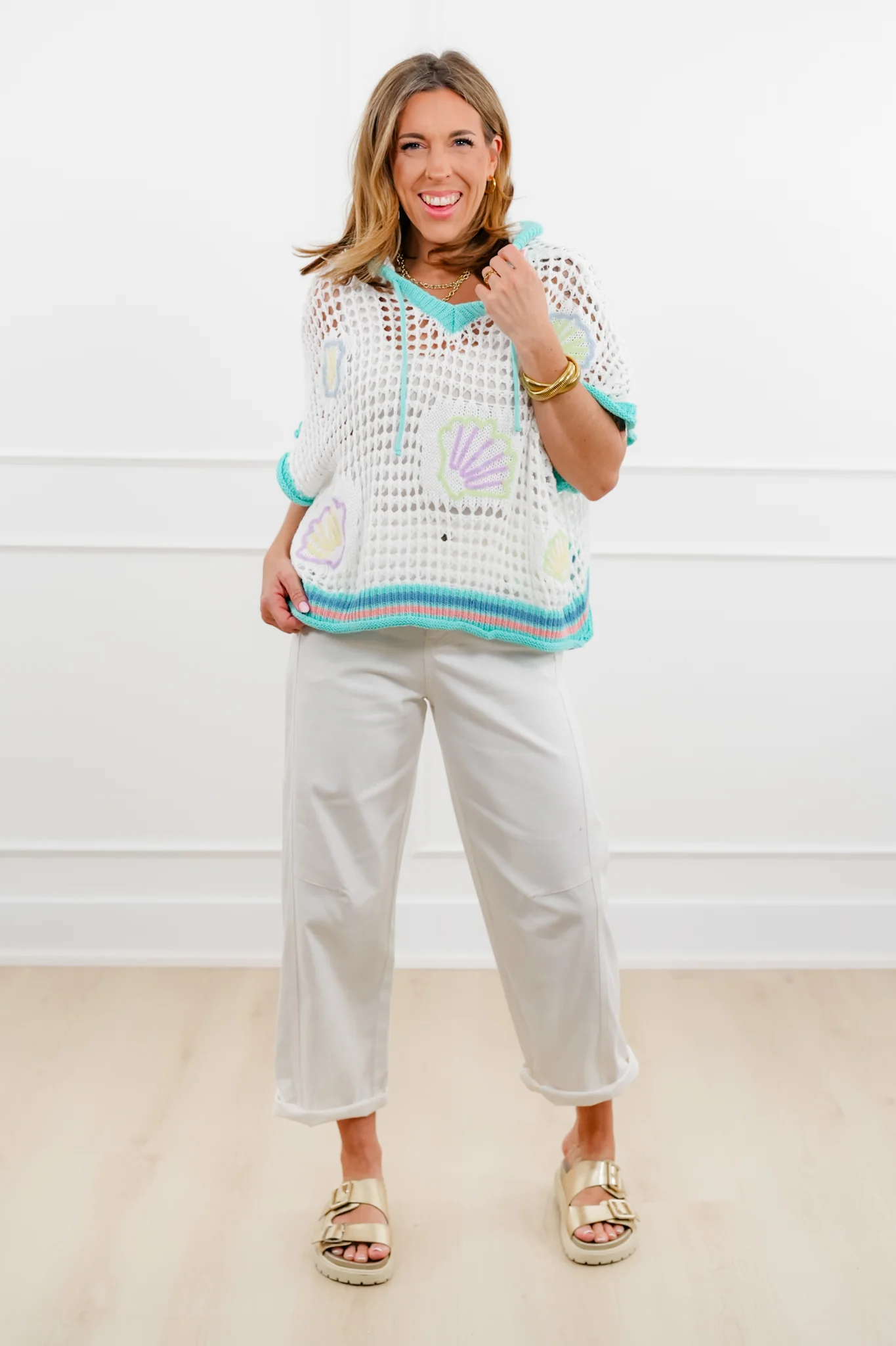 POL Shell Embroidered Short Sleeve Open Knit Hoodie Sweater - Image 4