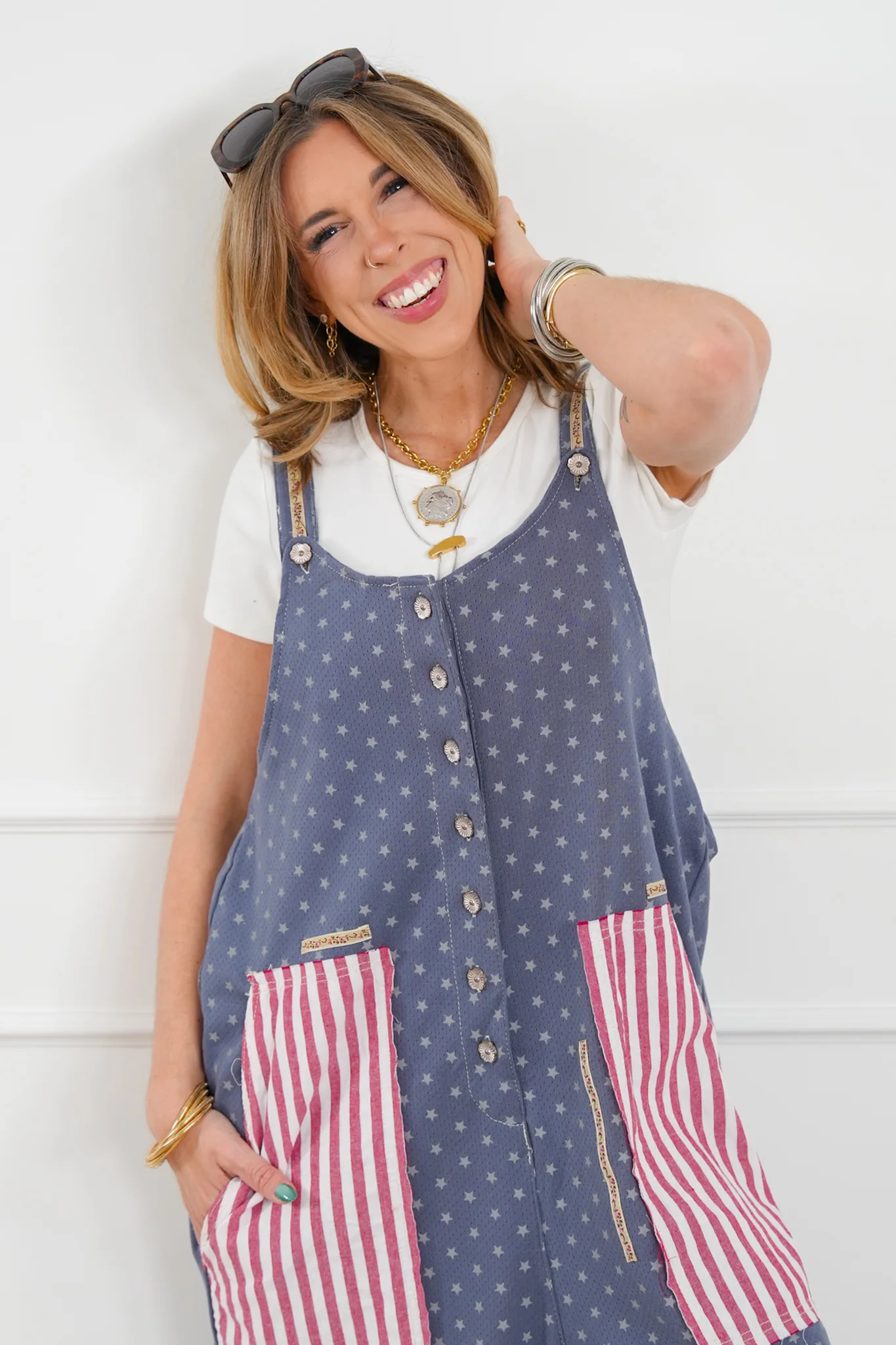 POL Stars & Stripe Print Sleeveless Jogger Overalls - Image 2