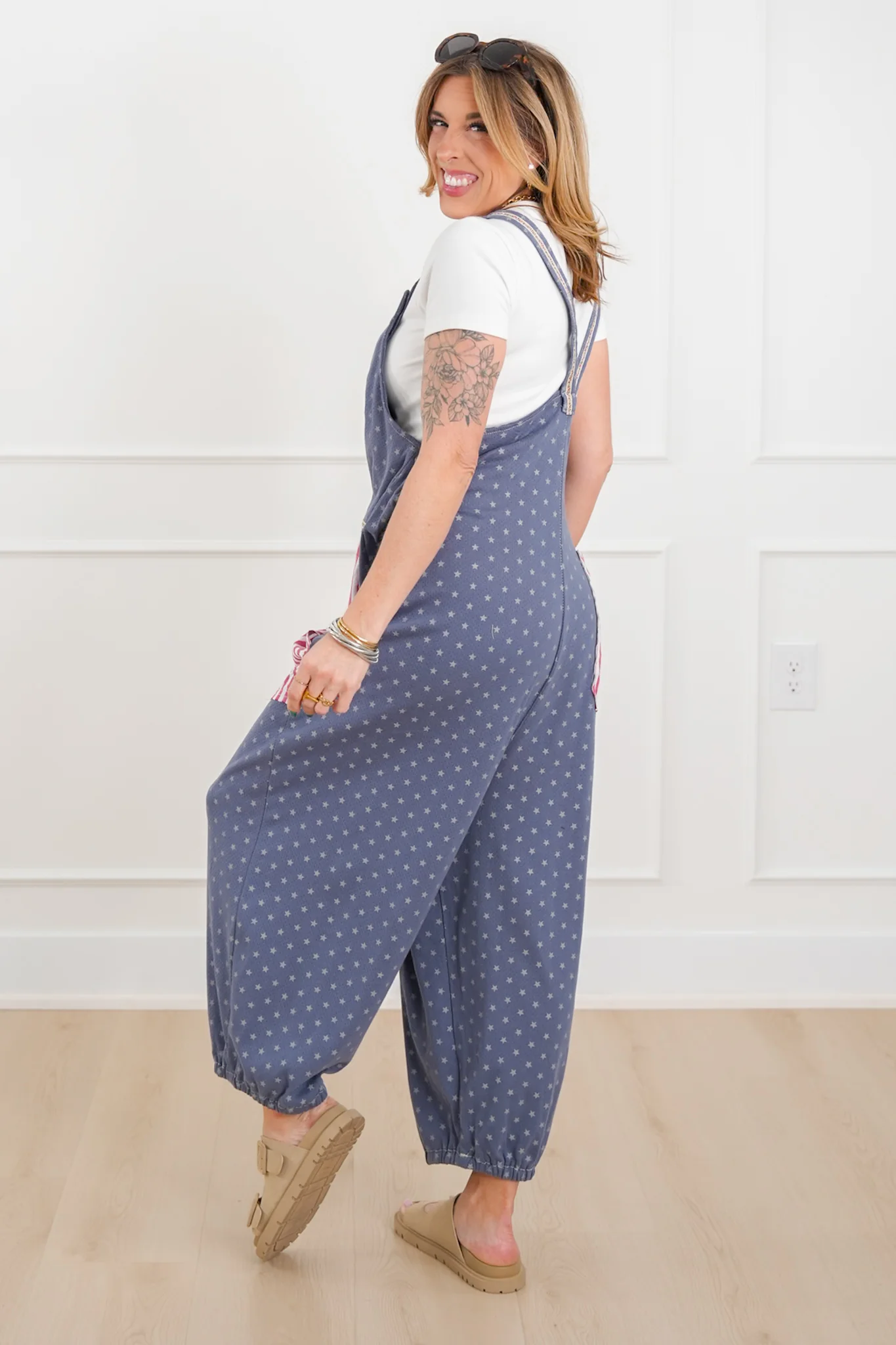 POL Stars & Stripe Print Sleeveless Jogger Overalls - Image 3