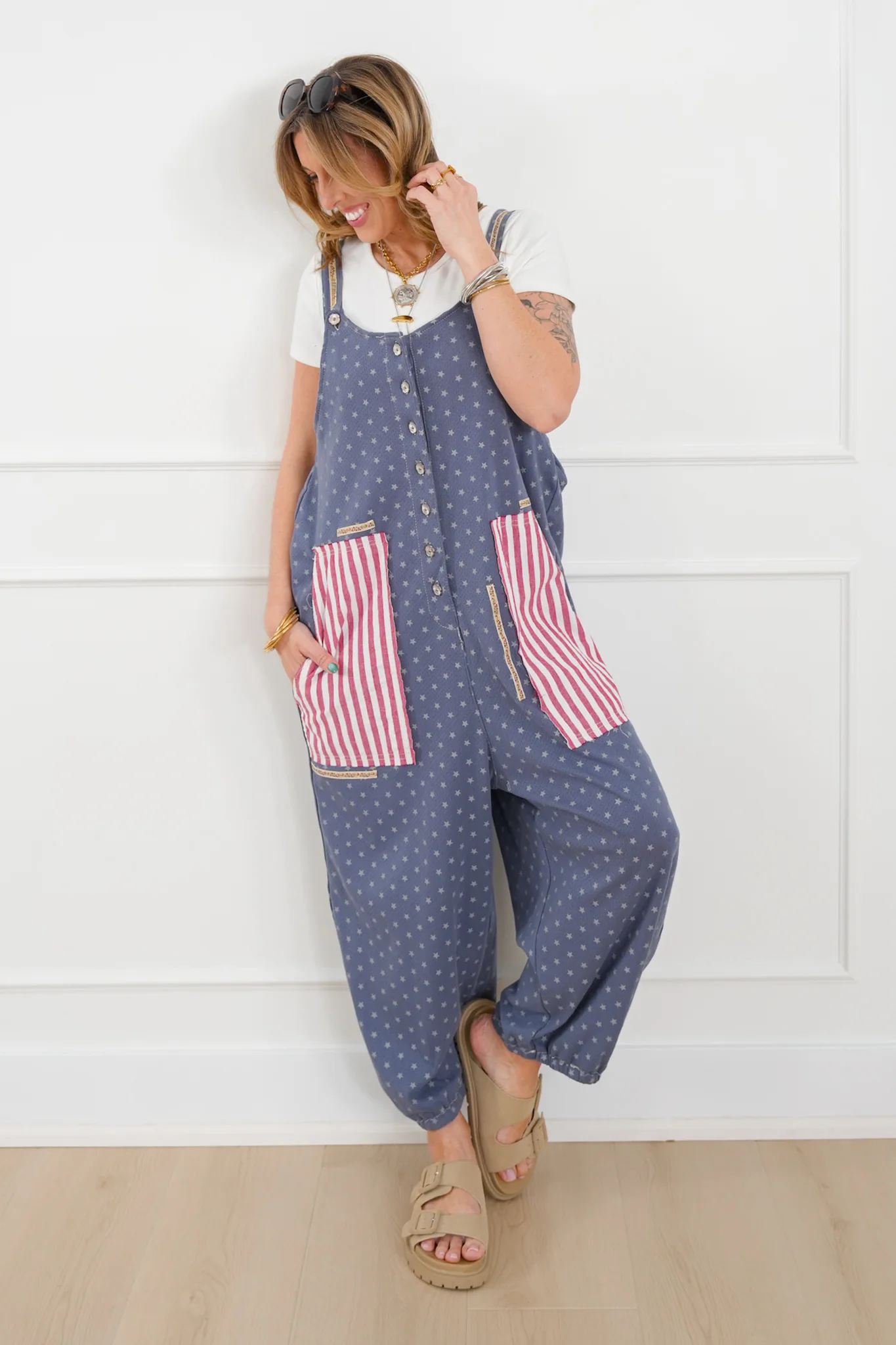 POL Stars & Stripe Print Sleeveless Jogger Overalls - Image 8