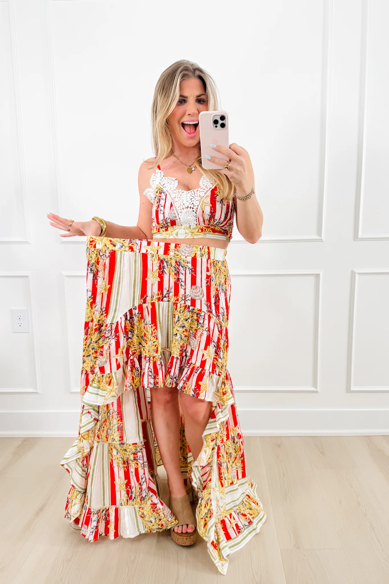 POL Stripe & Floral Print Bralette Top with High Low Skirt Set - Image 2