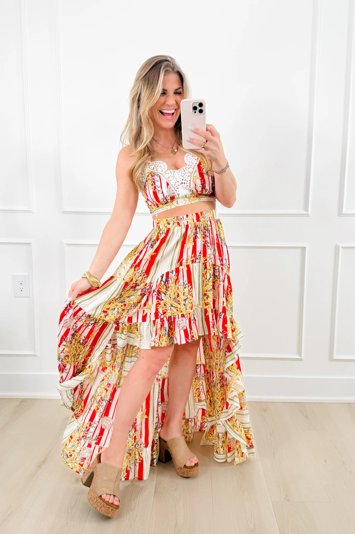 POL Stripe & Floral Print Bralette Top with High Low Skirt Set - Image 4