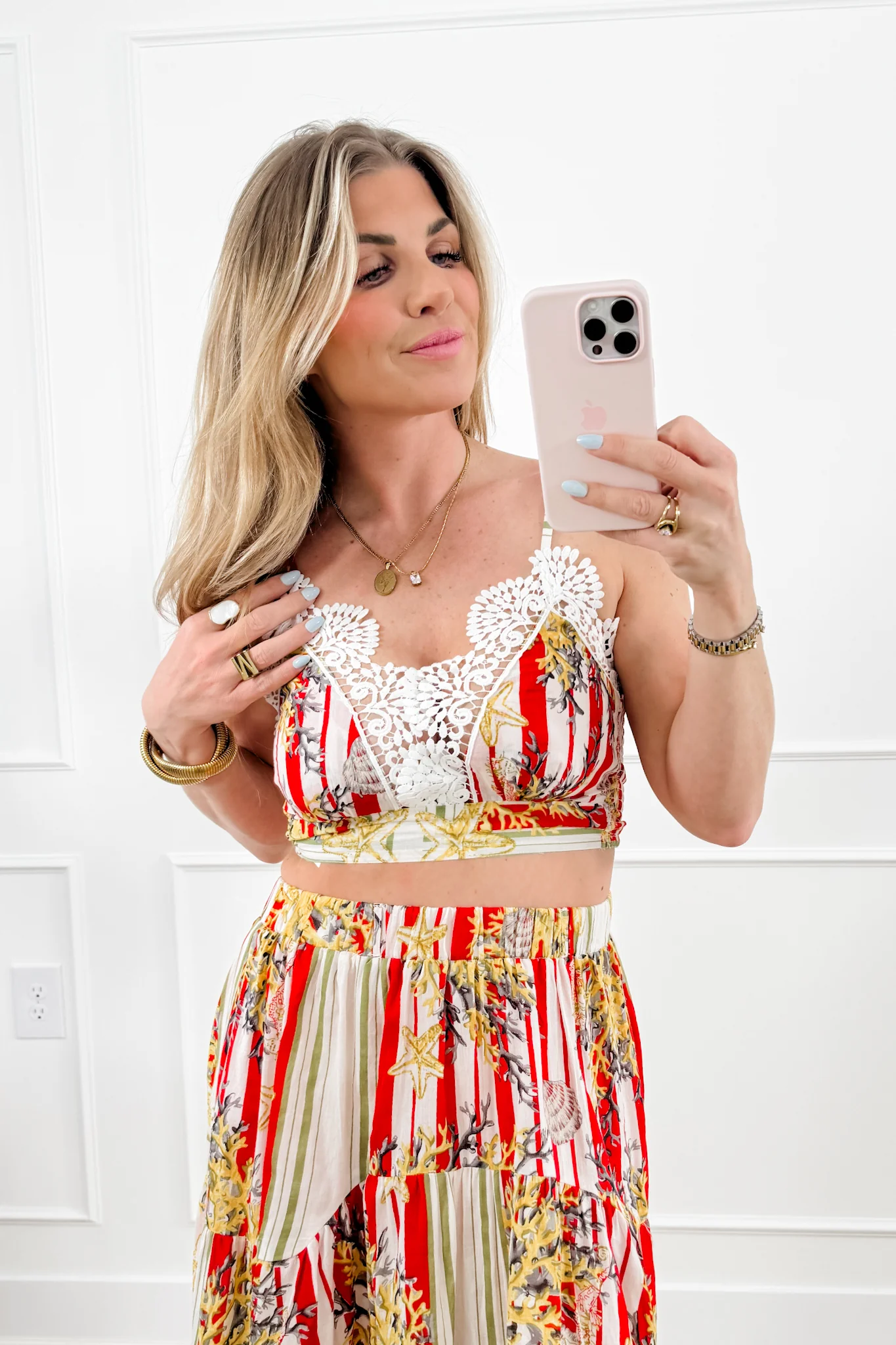 POL Stripe & Floral Print Bralette Top with High Low Skirt Set - Image 7