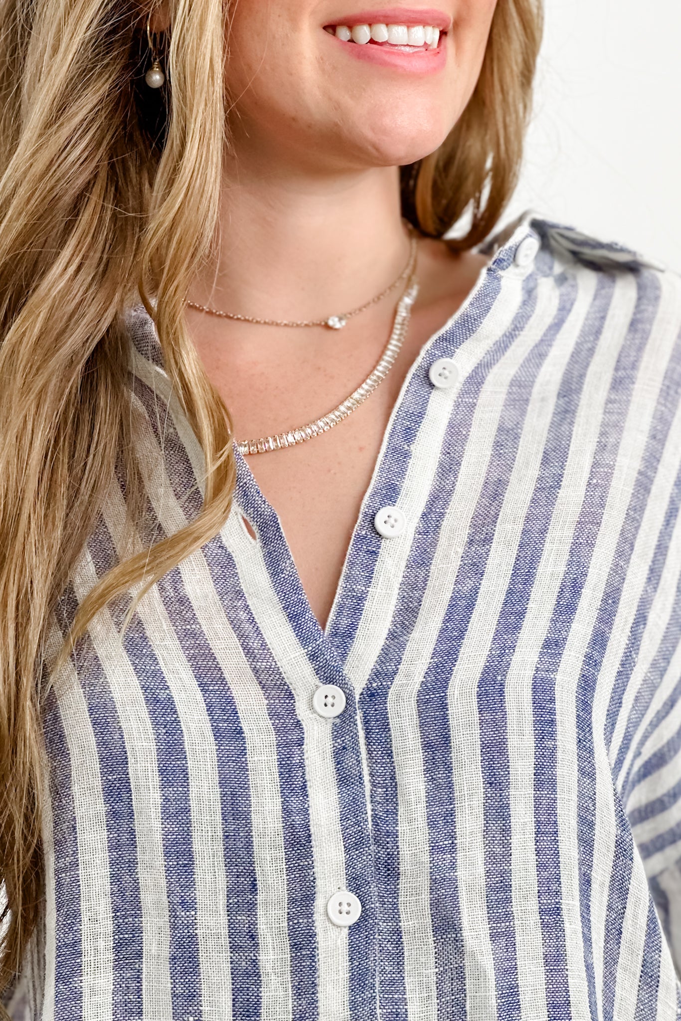 POL Stripe Linen Long Sleeve Button Down Hi-Lo Top - Image 4