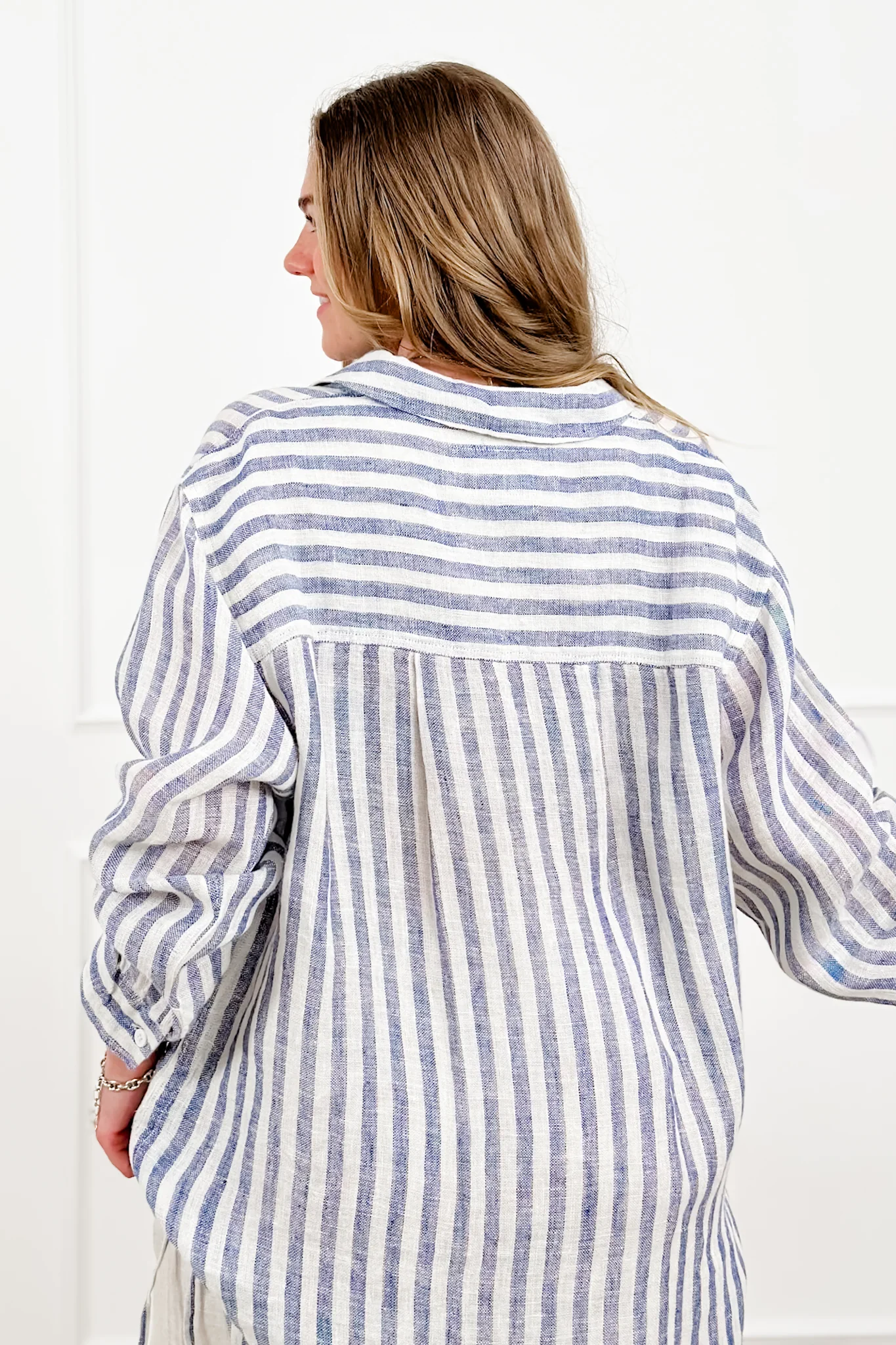 POL Stripe Linen Long Sleeve Button Down Hi-Lo Top - Image 5