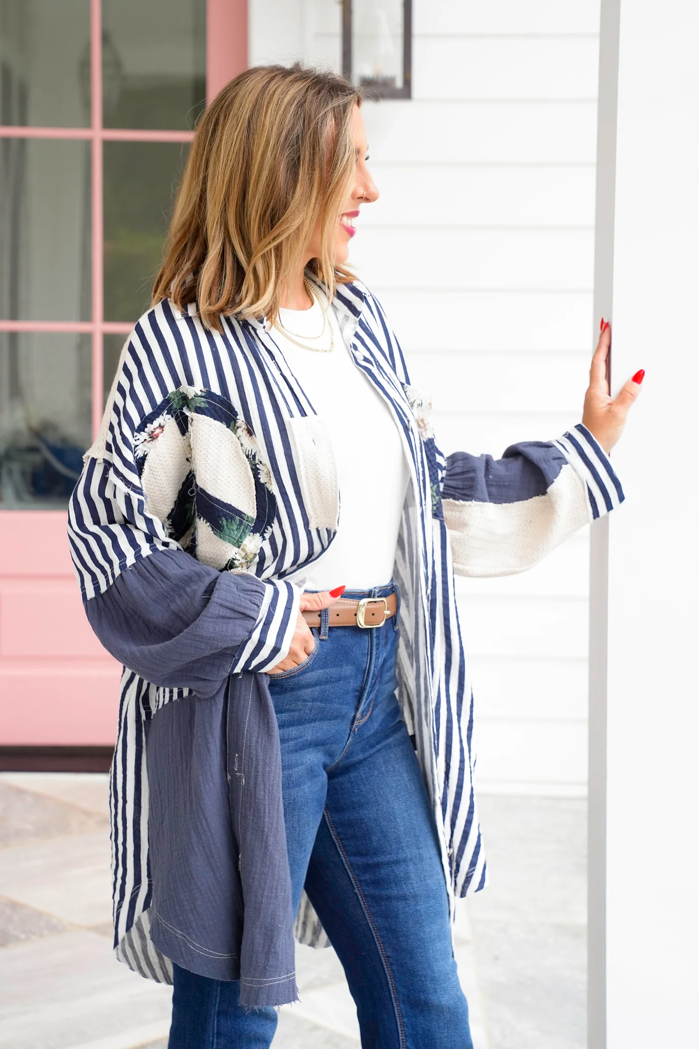 POL Stripe Long Sleeve Button Up Top with Peace Symbol - Image 3