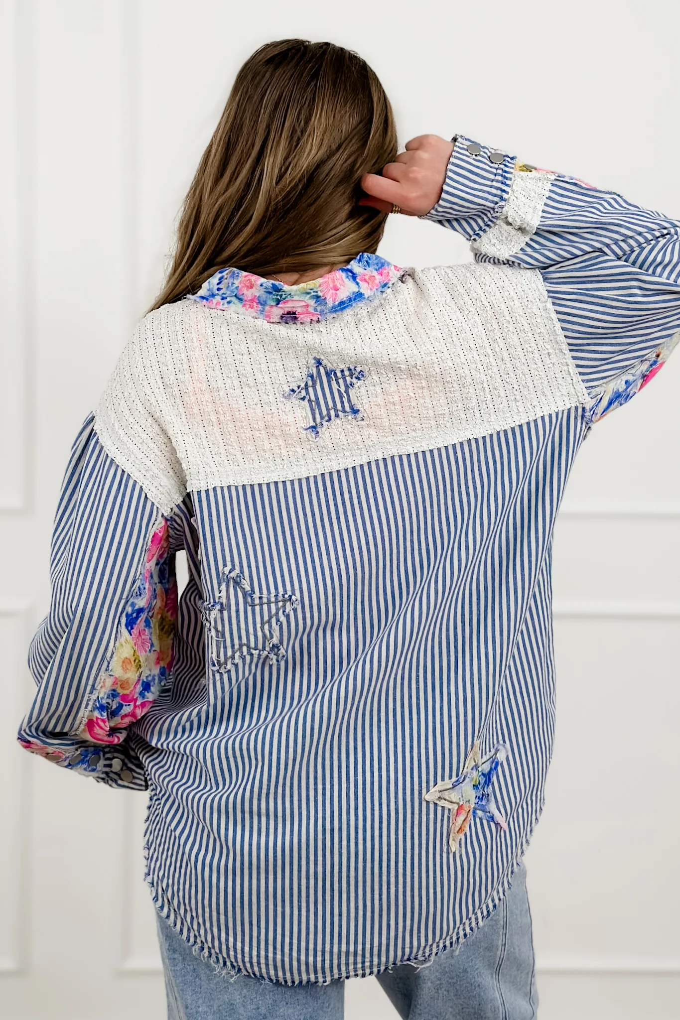 POL Stripe Long Sleeve Button Up Top with Star Patches - Image 5