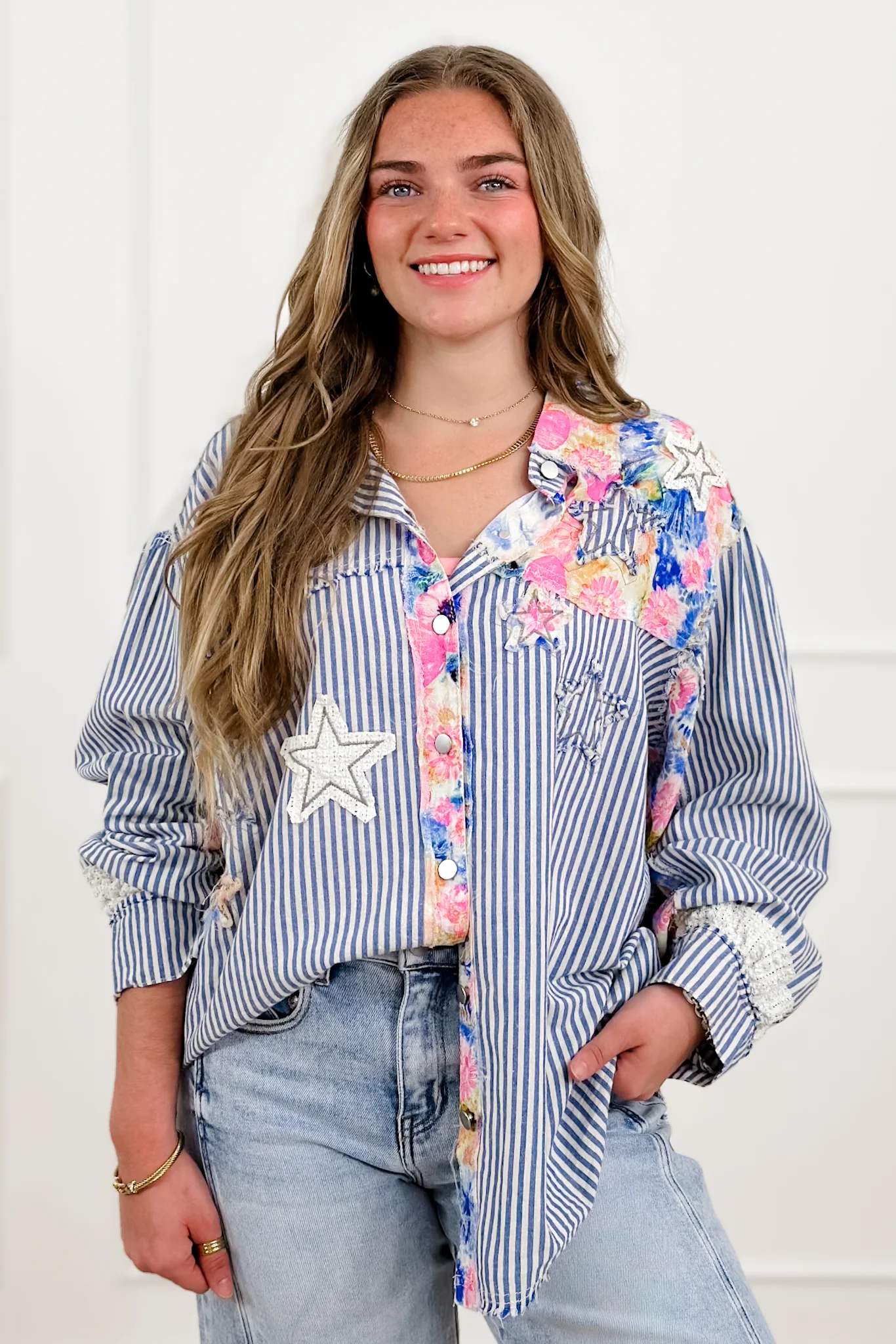 POL Stripe Long Sleeve Button Up Top with Star Patches - Image 6