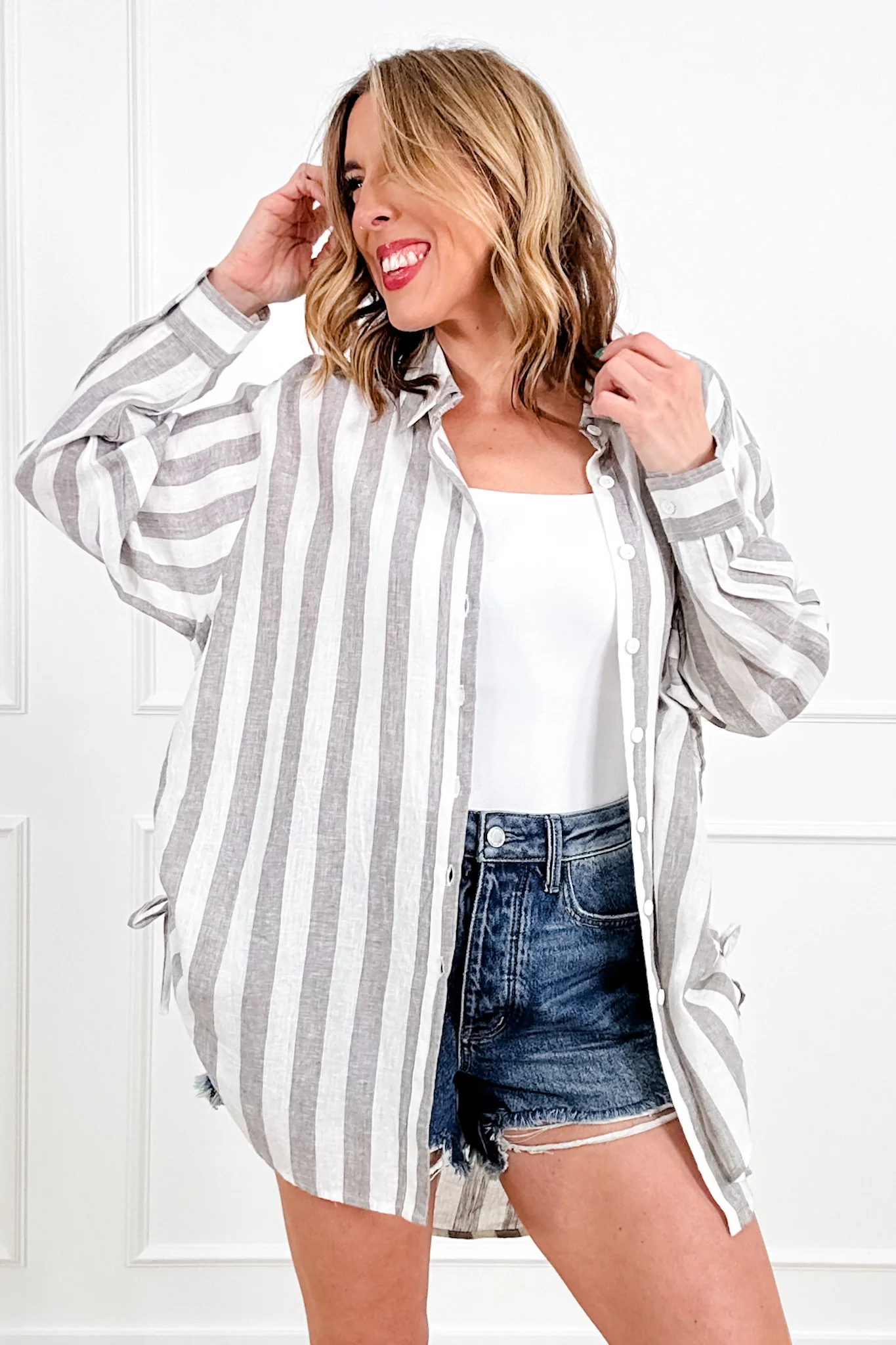 POL Stripe Pattern Long Sleeve Button Up Top - Image 3