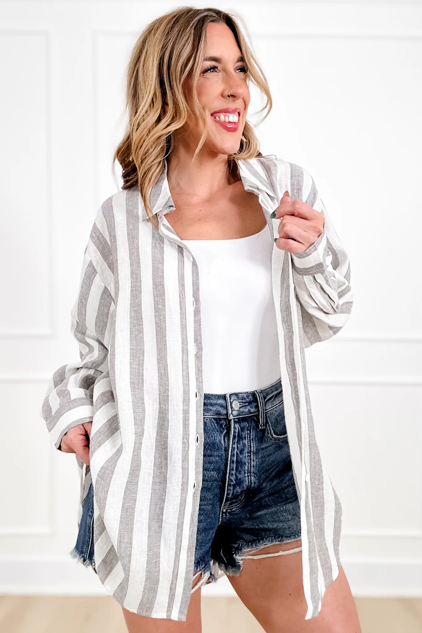 POL Stripe Pattern Long Sleeve Button Up Top - Image 8