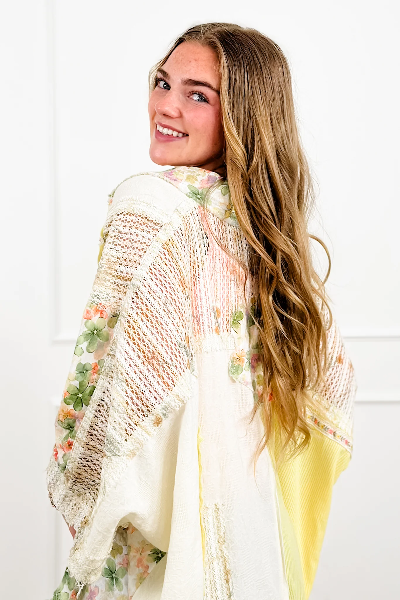 POL Textured 3/4 Sleeve Button Up Top with Flowers - Image 2
