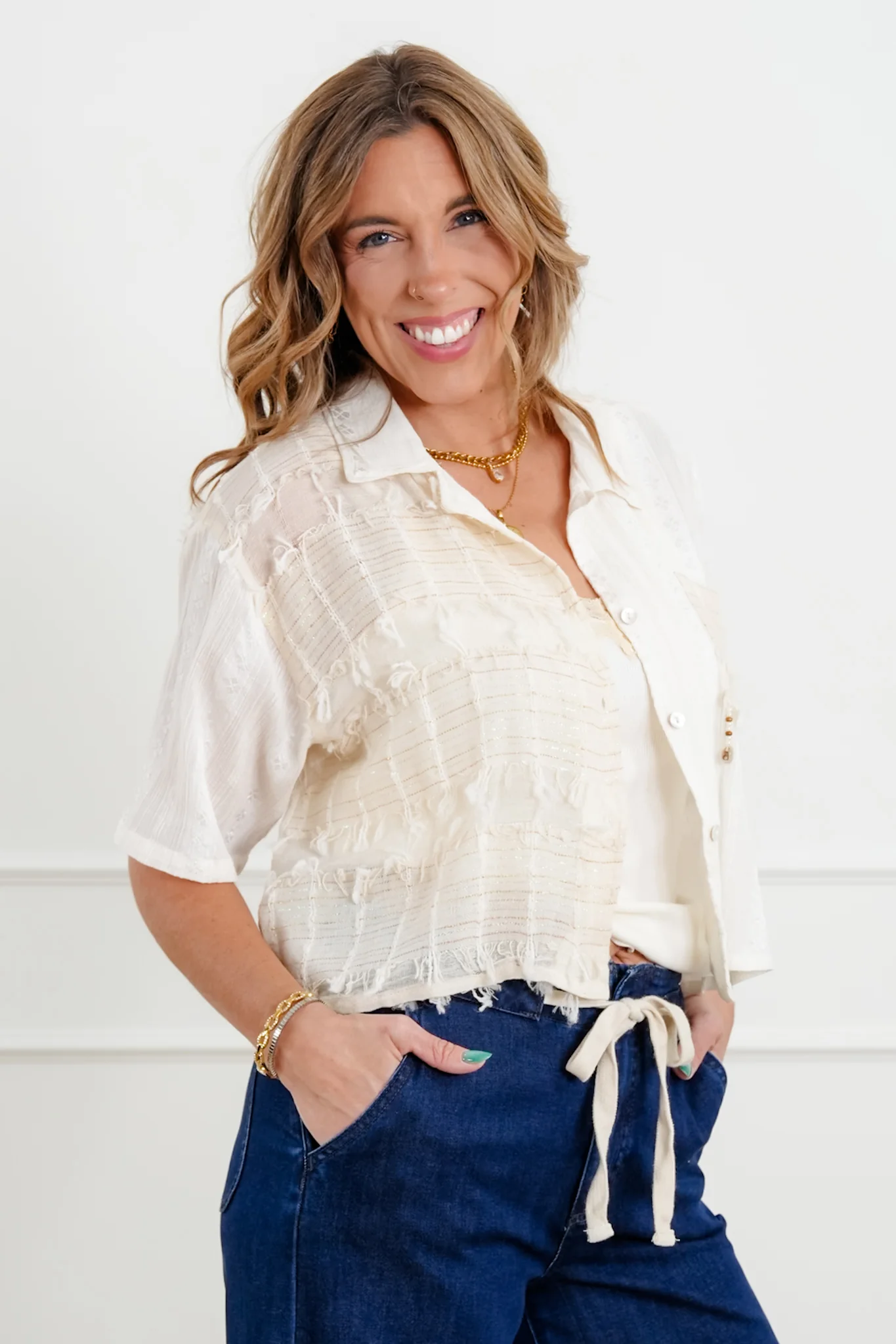 POL Textured Short Sleeve Button Up Blouse - Image 3