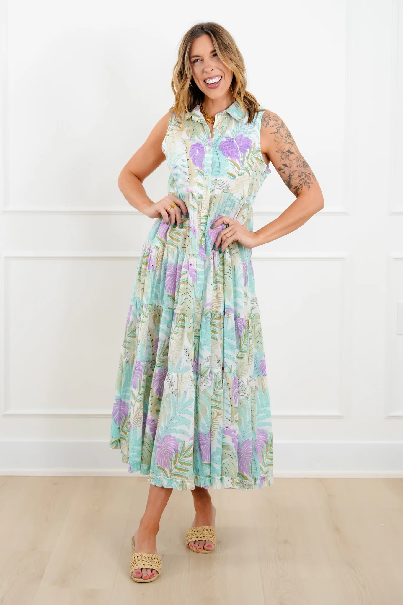 POL Tropical Print Sleeveless Button Up Tiered Dress - Image 2