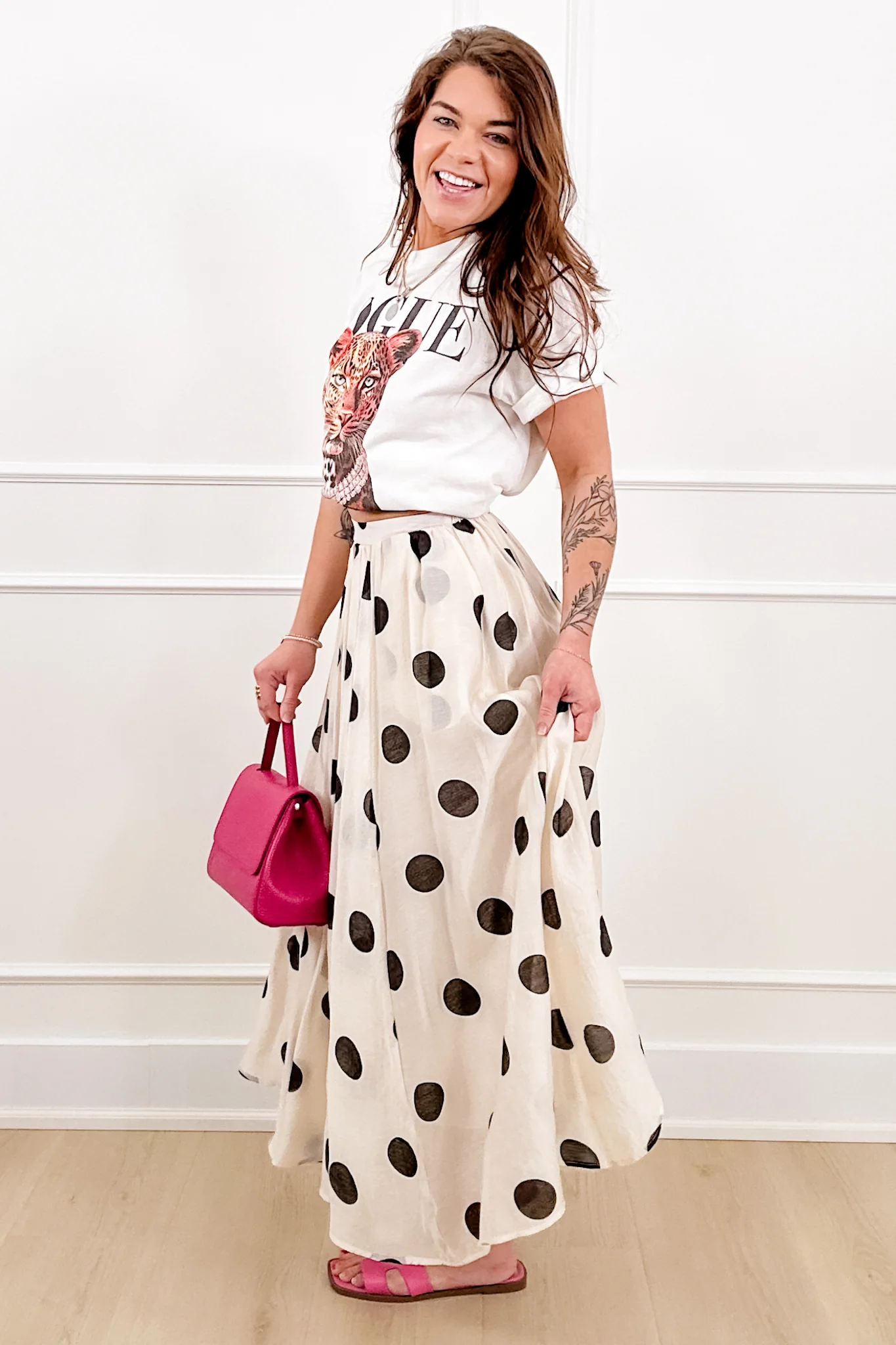 Polka Dot Print Elastic Waist Midi Skirt - Image 2