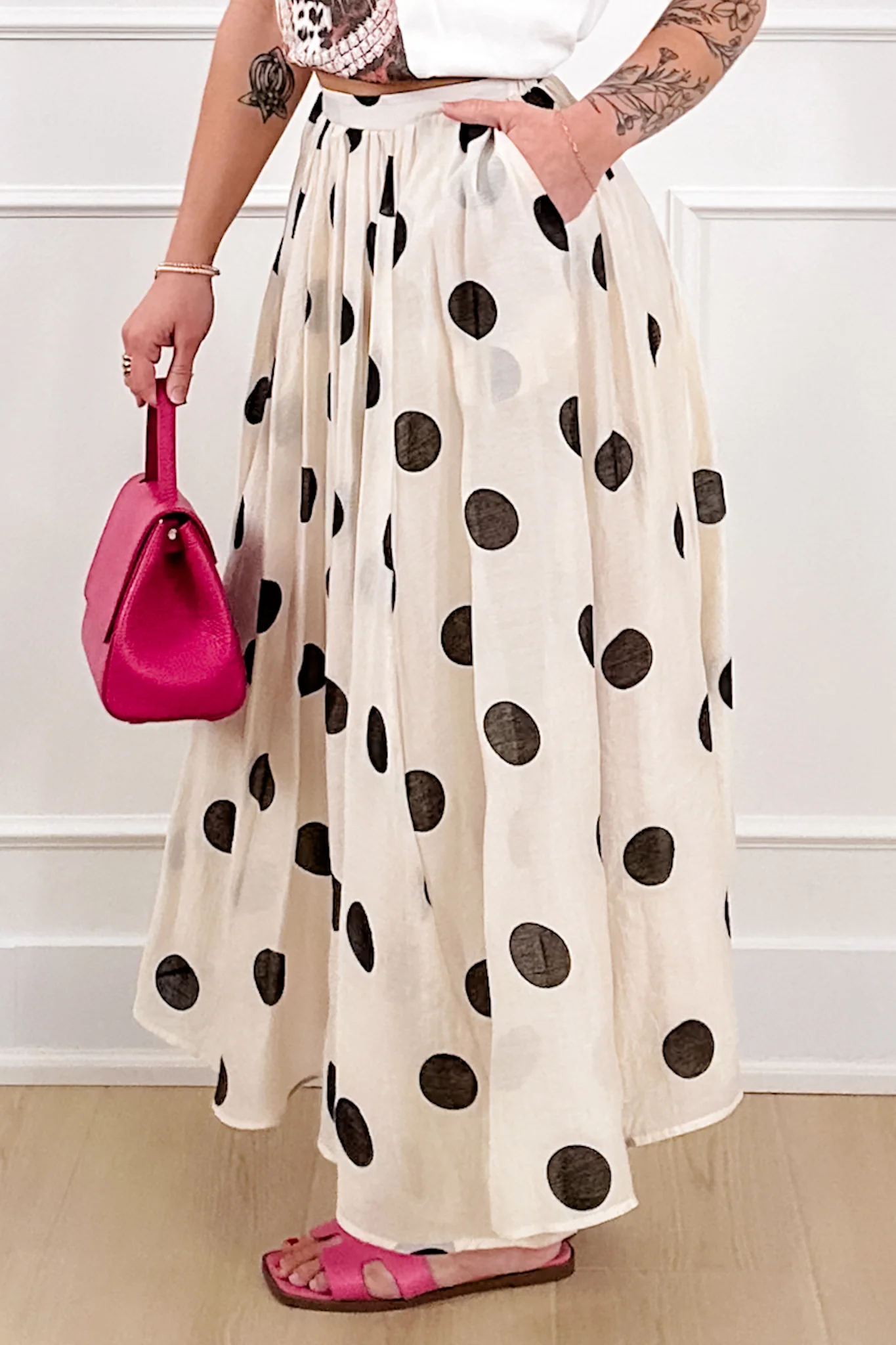 Polka Dot Print Elastic Waist Midi Skirt - Image 4