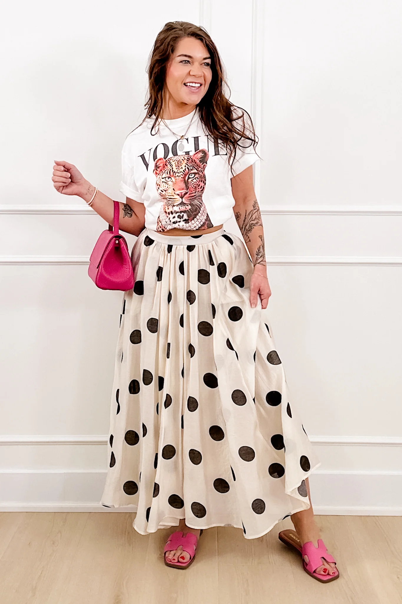 Polka Dot Print Elastic Waist Midi Skirt - Image 6