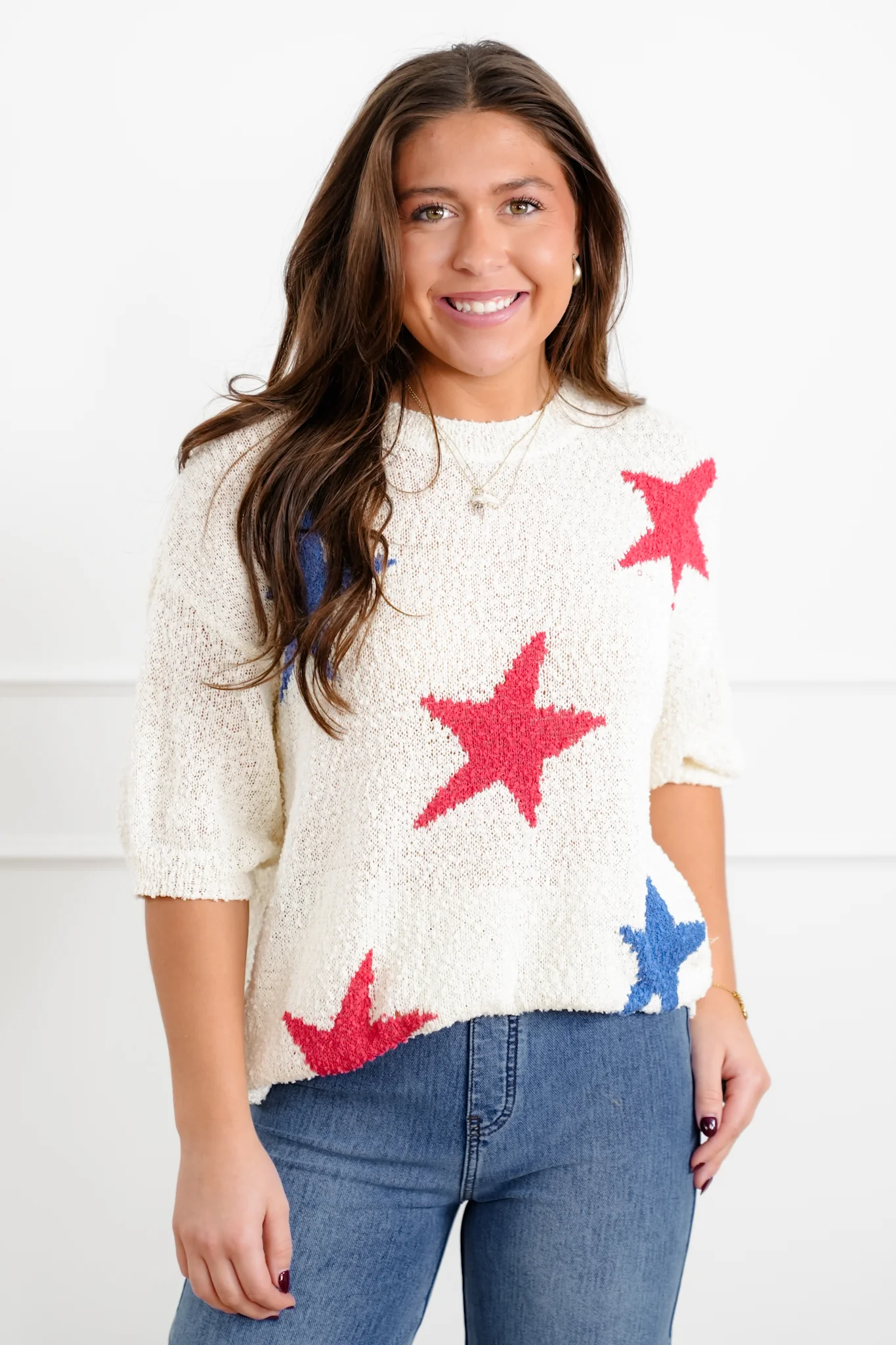 Popcorn Textured Short Sleeve Pullover Sweater with Star Pattern Detail - Image 2