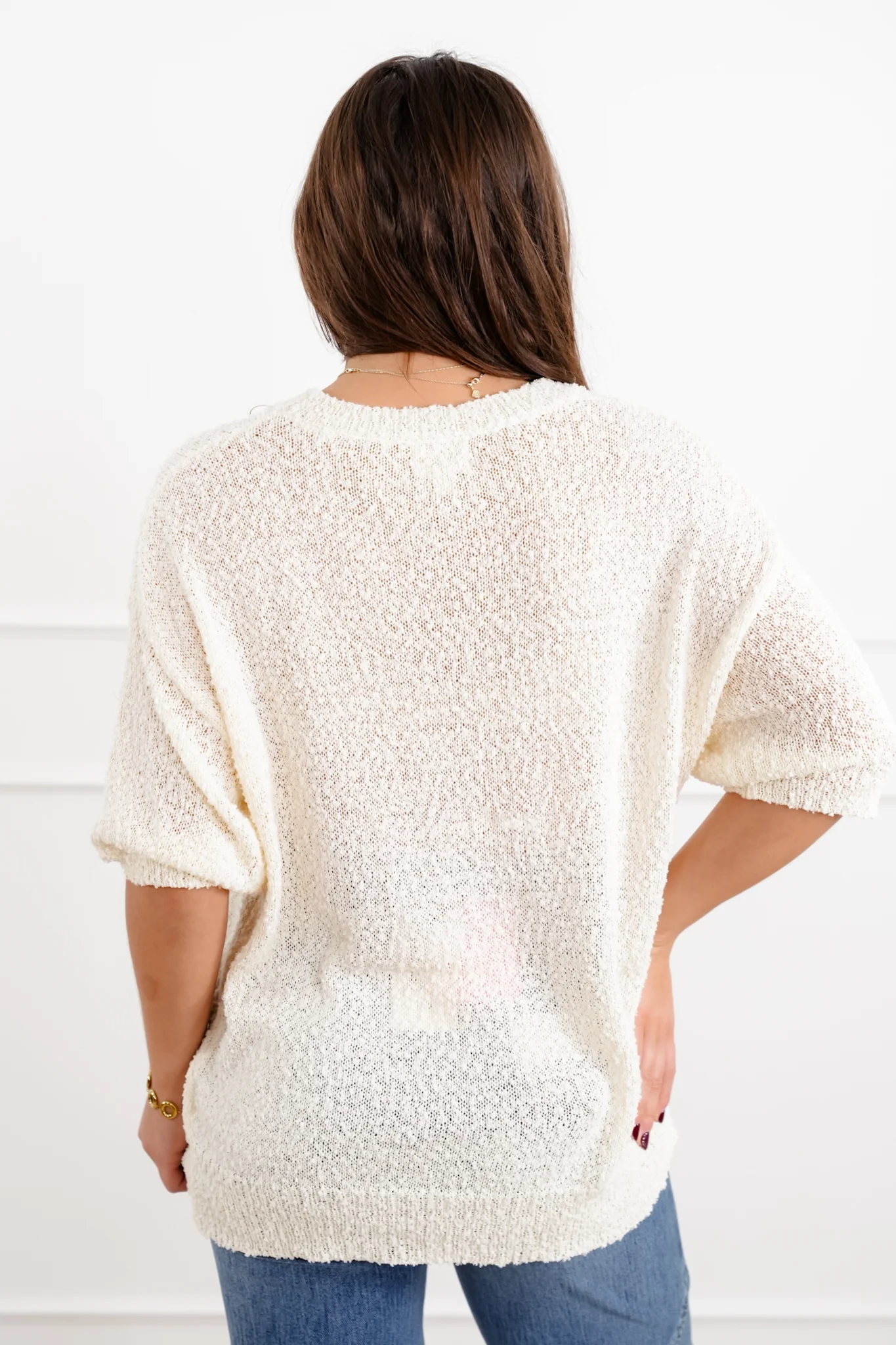 Popcorn Textured Short Sleeve Pullover Sweater with Star Pattern Detail - Image 5