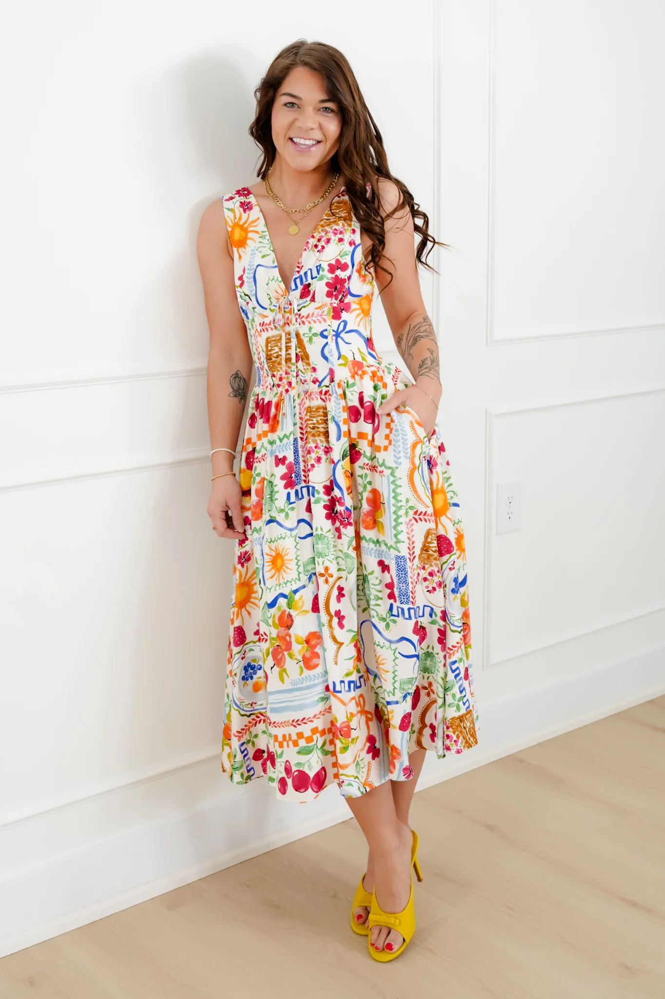 Print Sleeveless Double V Neck Midi Dress - Image 2