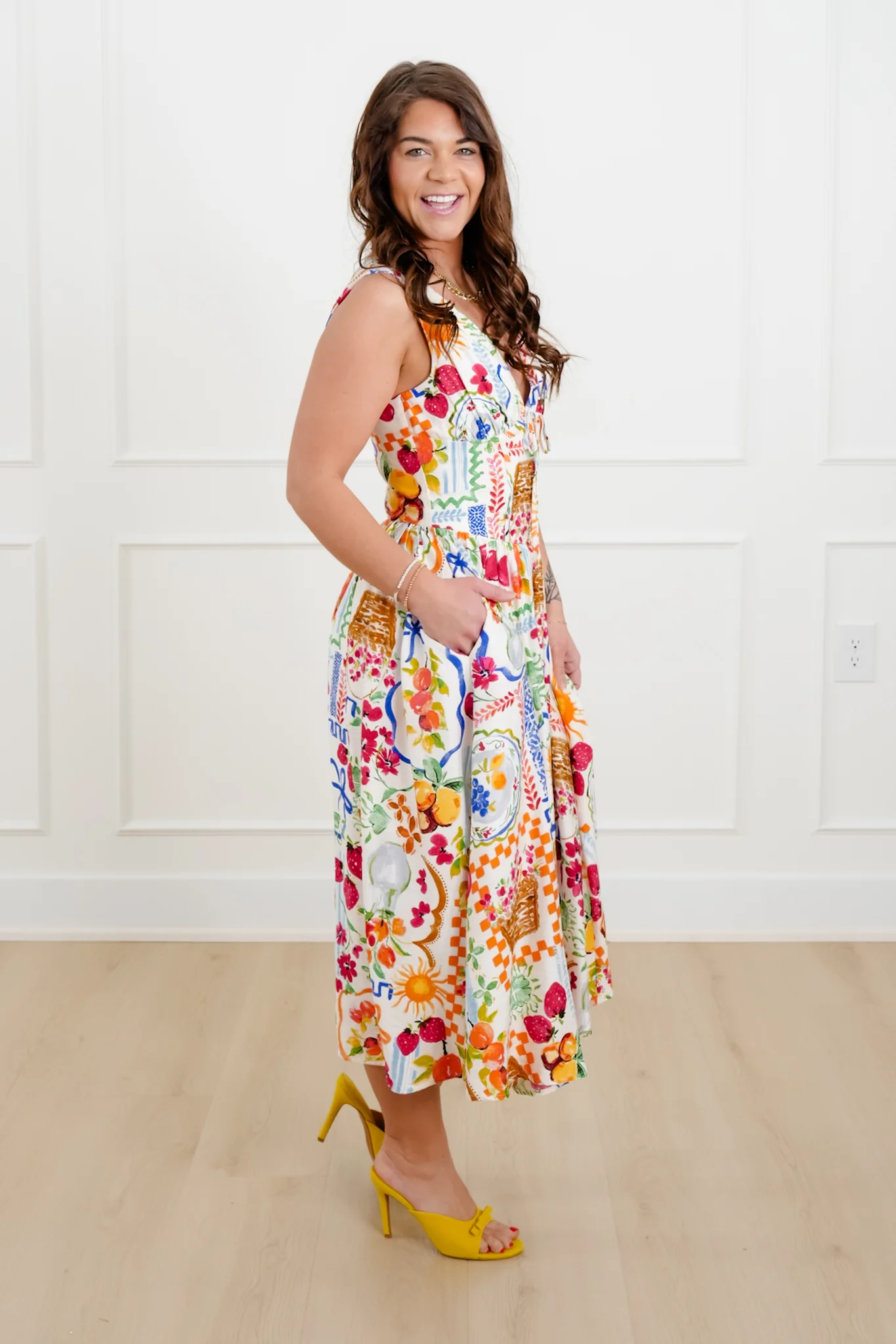 Print Sleeveless Double V Neck Midi Dress - Image 3