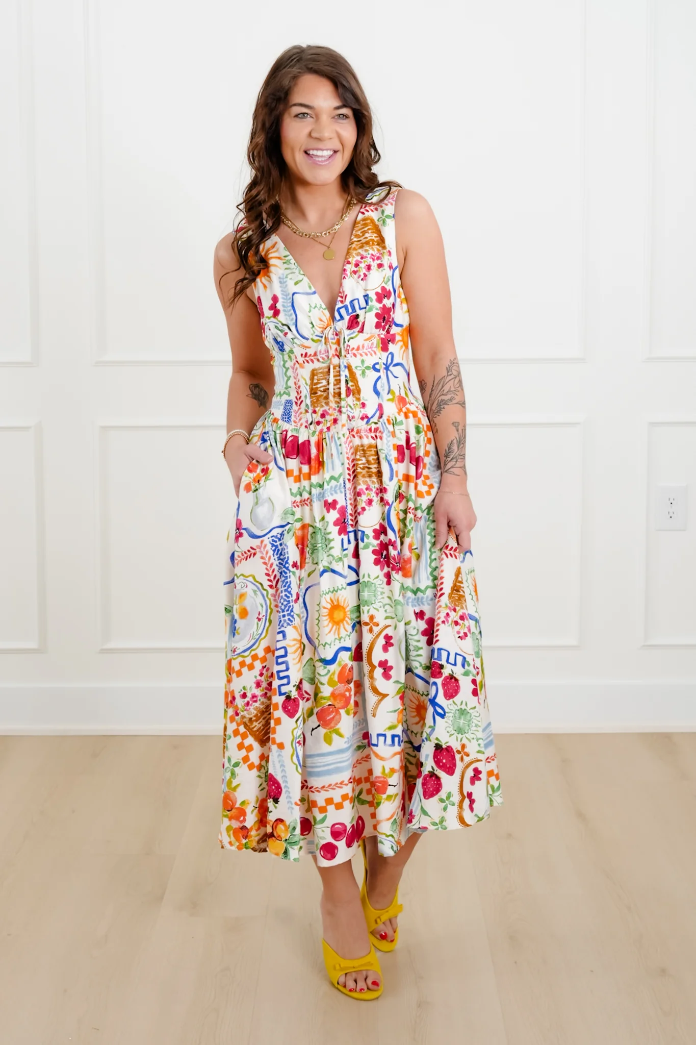 Print Sleeveless Double V Neck Midi Dress - Image 6