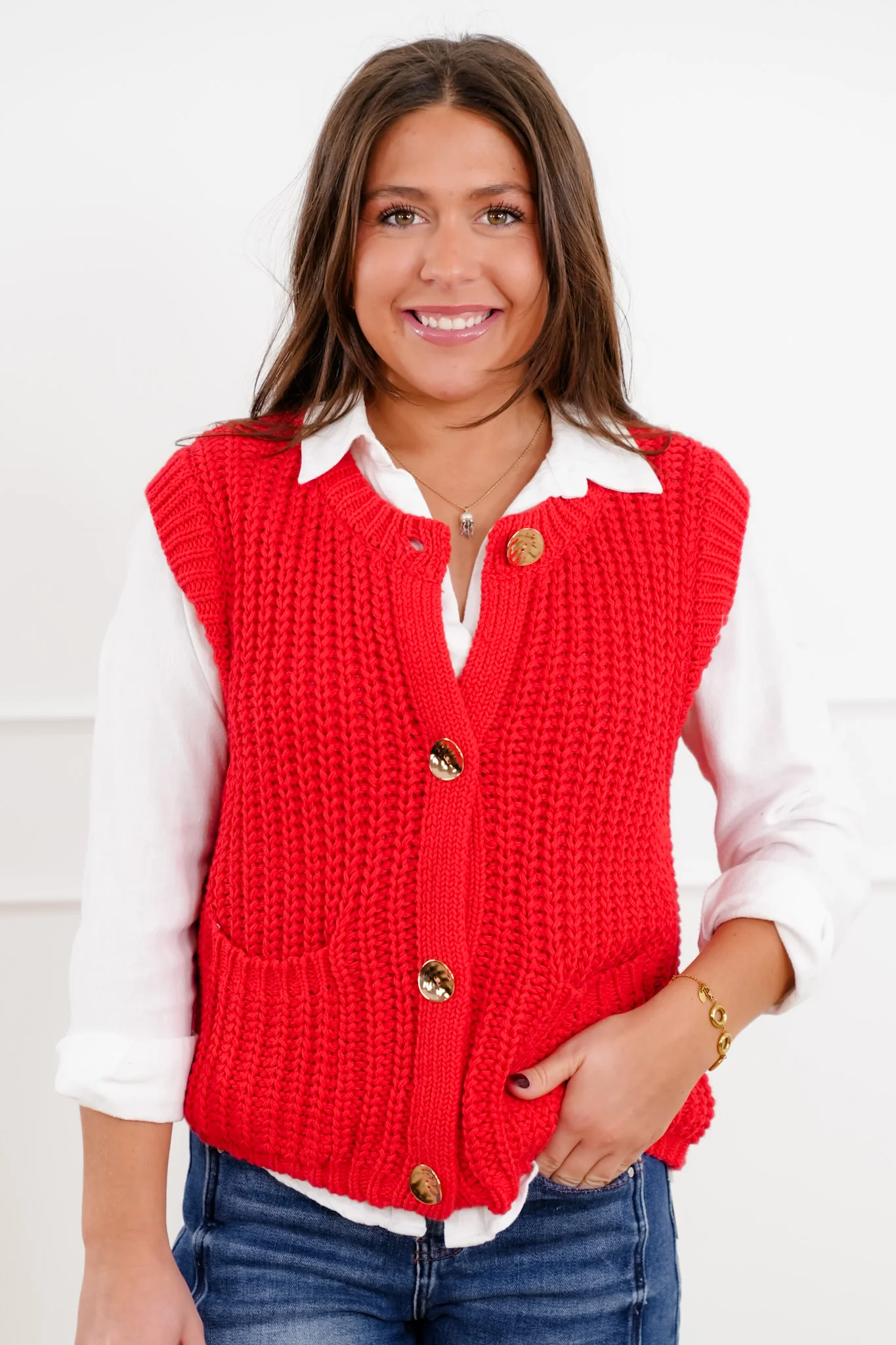 Red Button Down Sweater Vest - Image 2