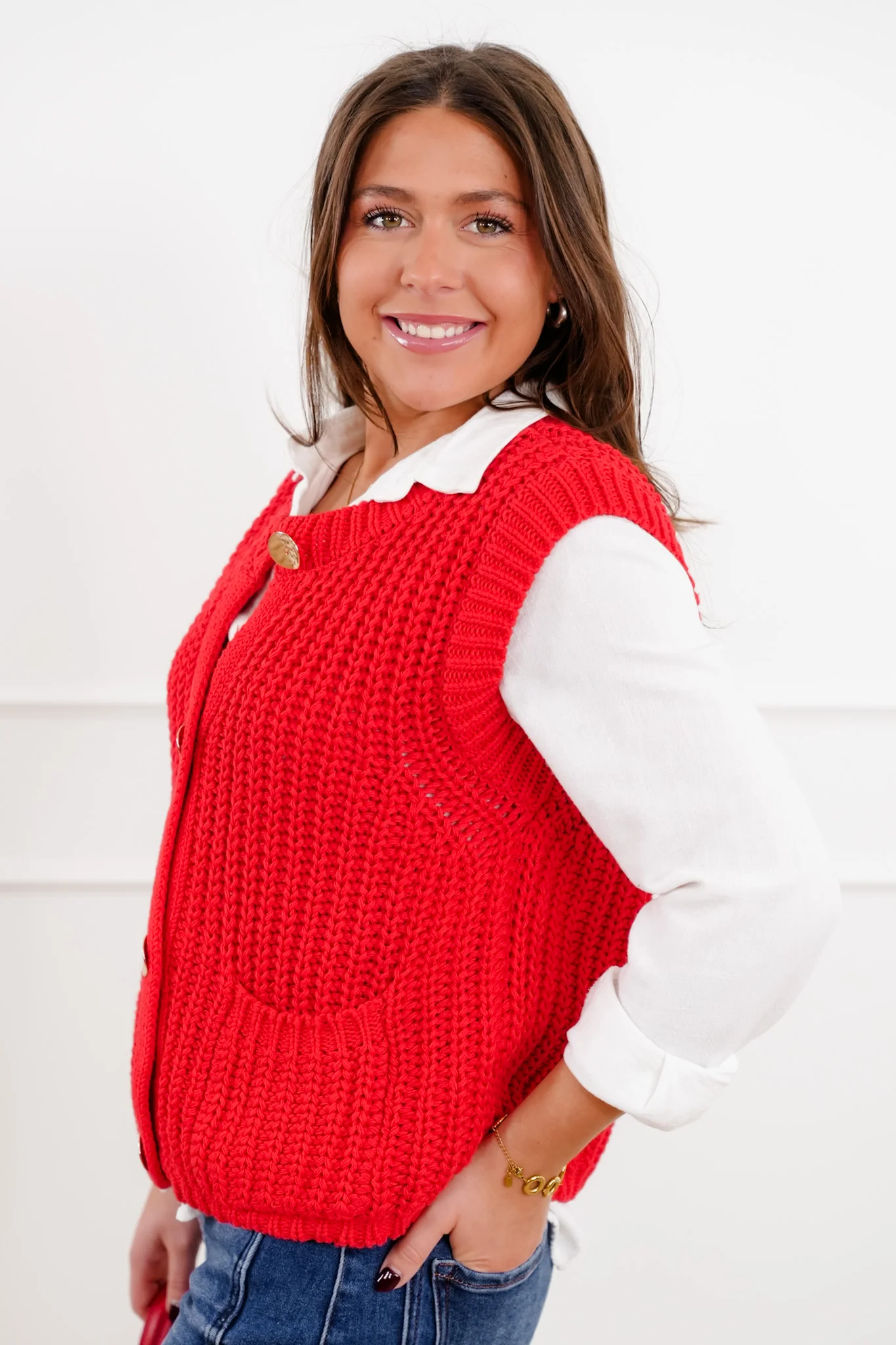 Red Button Down Sweater Vest - Image 6